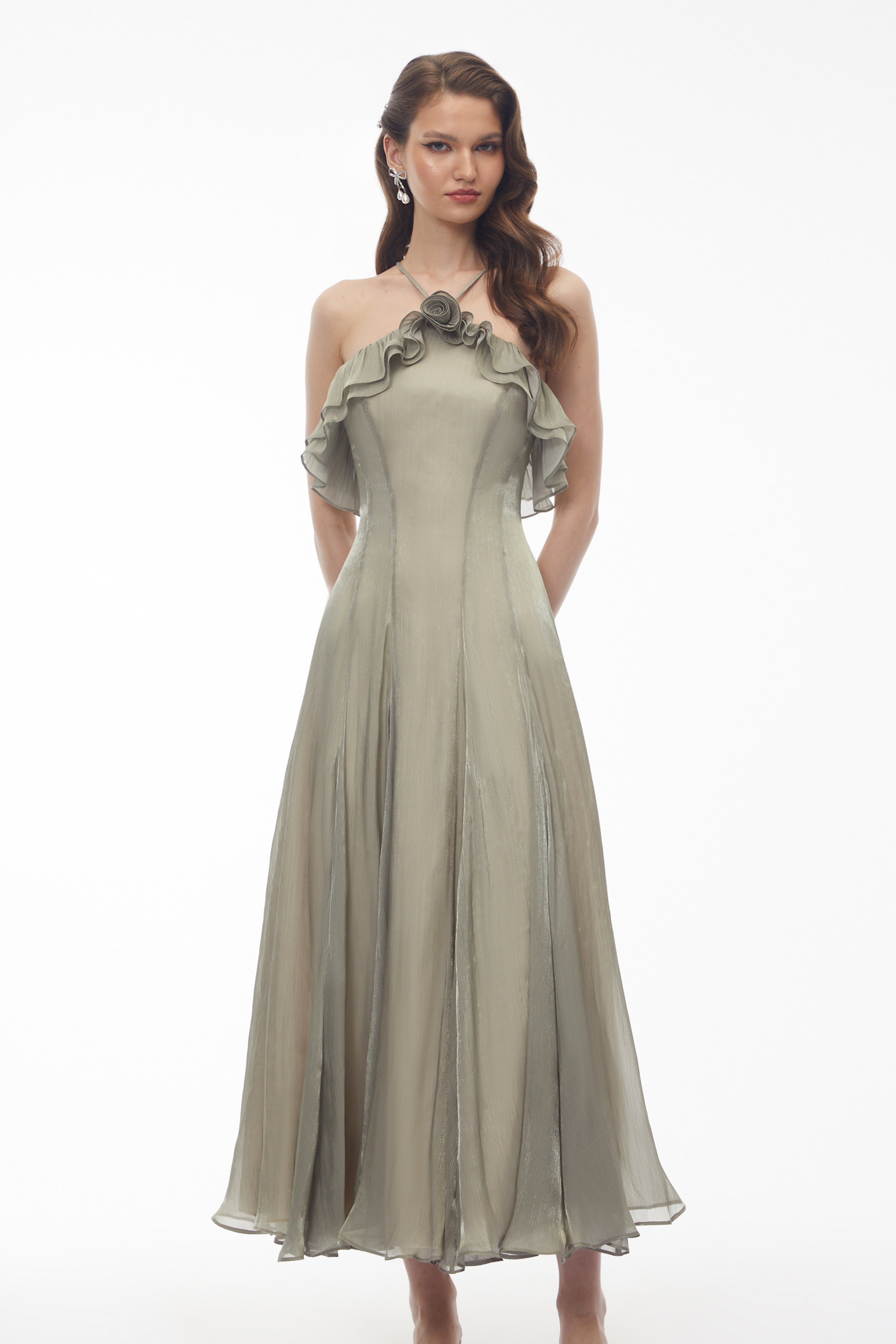Bianka Green Pleated Maxi Dress with 3D Florals (Final Sale)