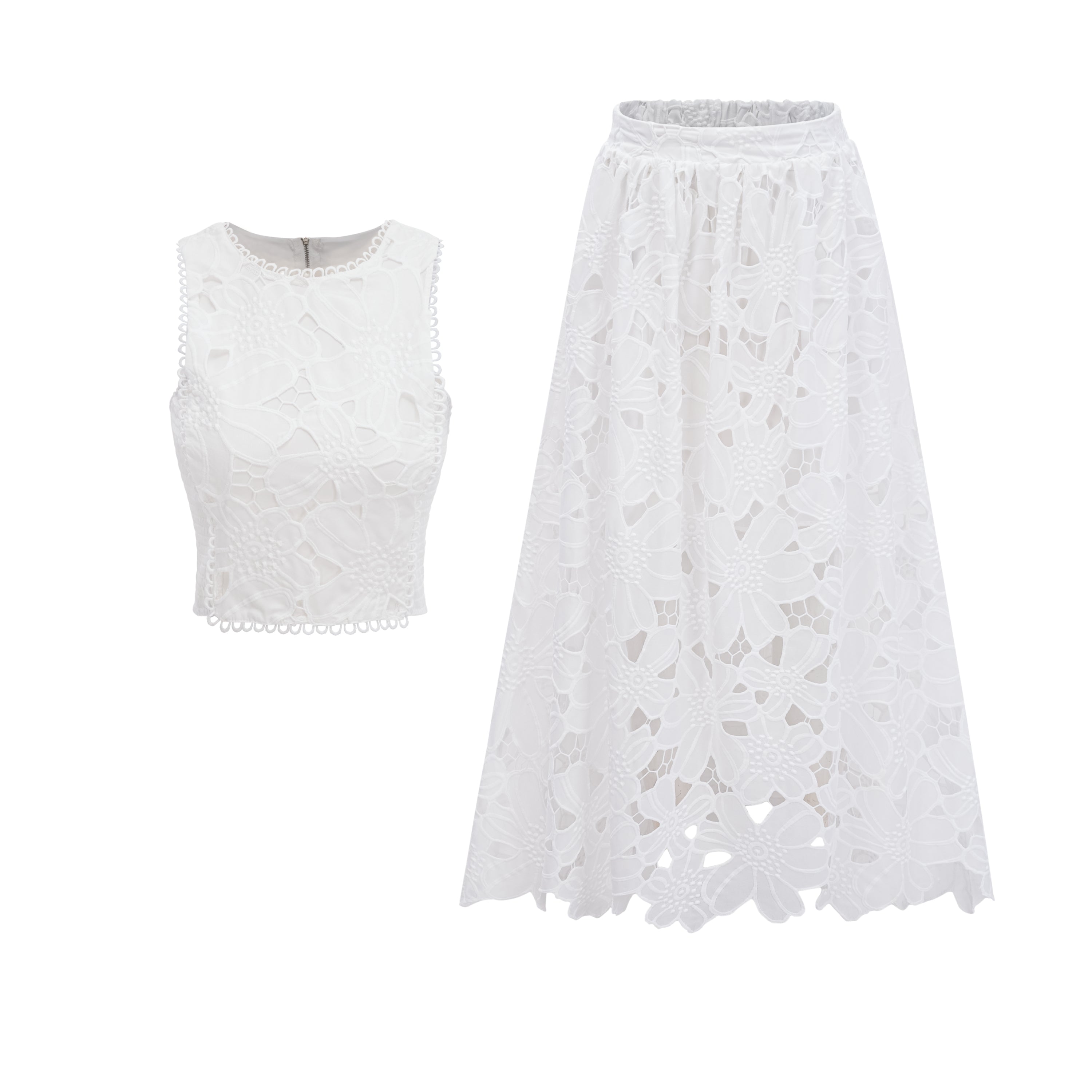 Bilun White Cut-Out Lace Top & Skirt Set