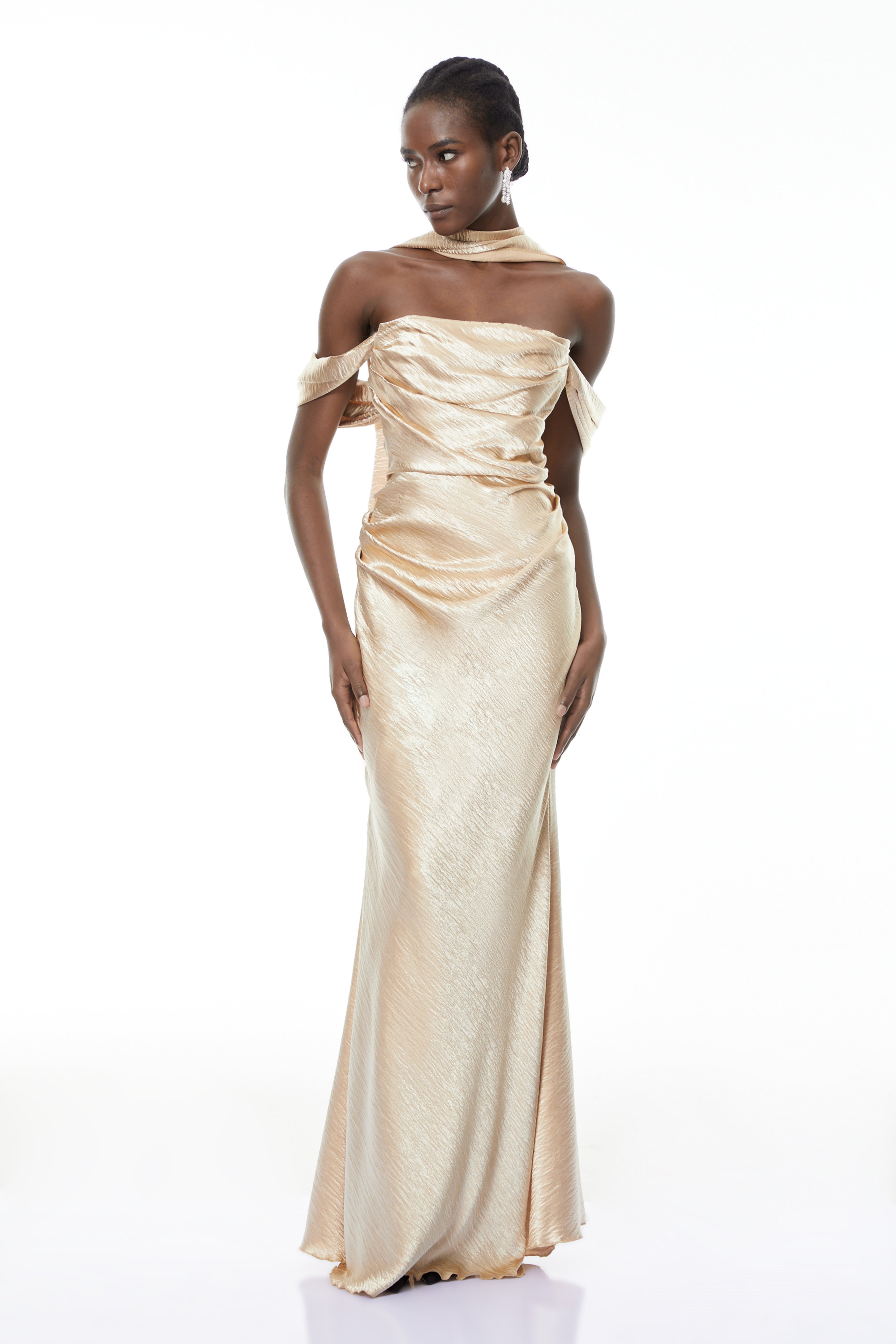 Blanche Gold Off Shoulder Mermaid Maxi Dress (Final Sale-US Only)