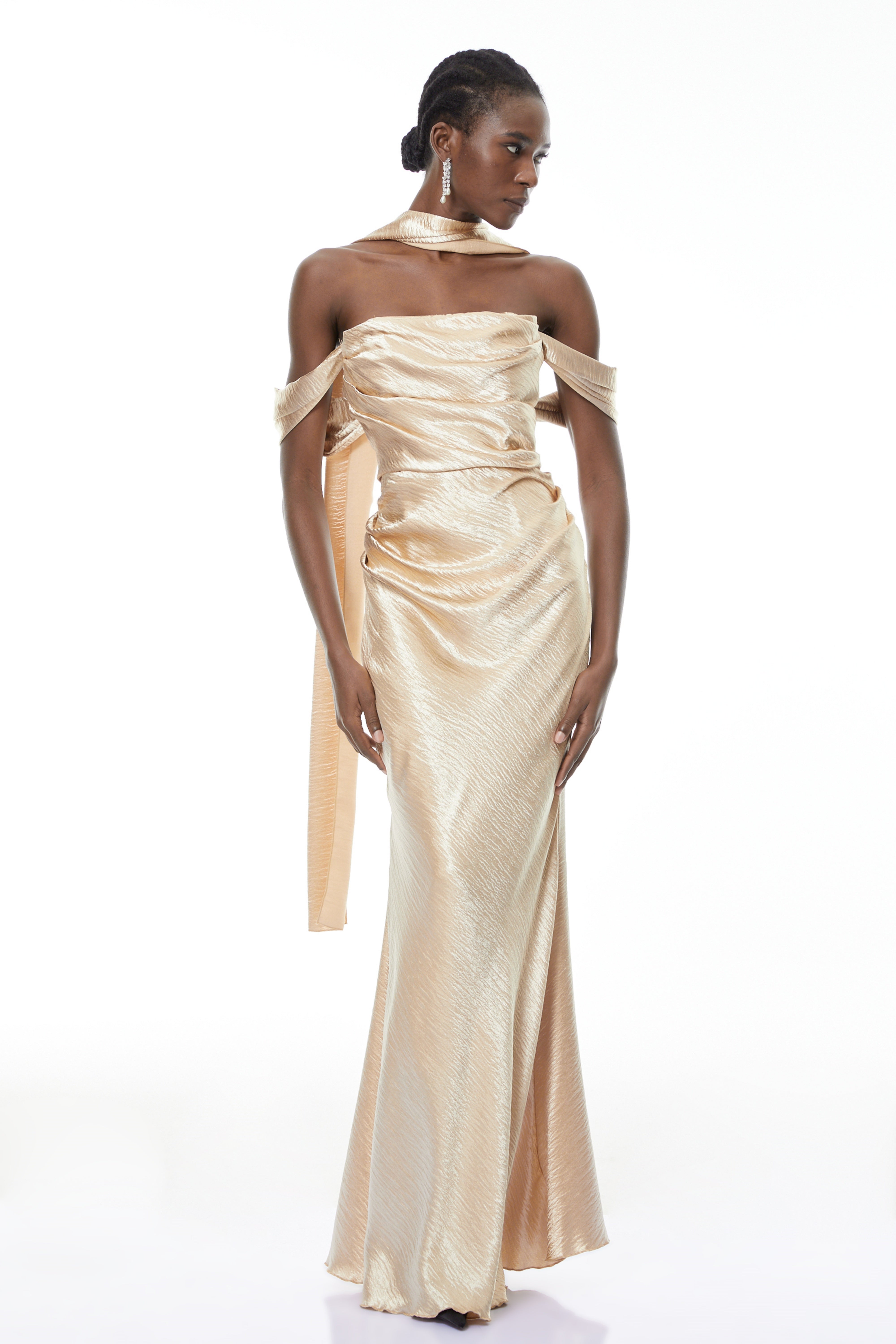 Blanche Gold Off Shoulder Mermaid Maxi Dress (Final Sale-US Only)