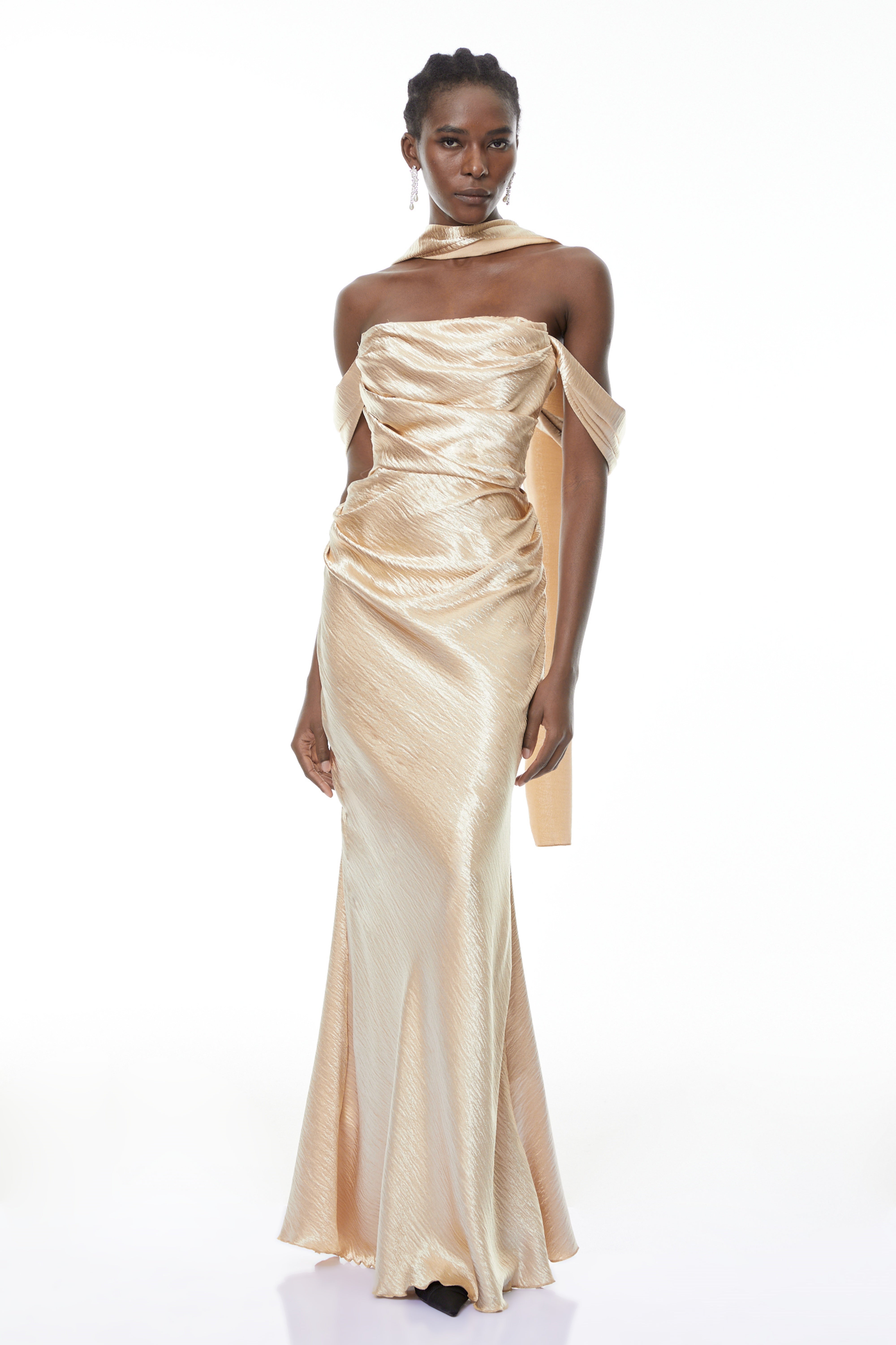 Blanche Gold Off Shoulder Mermaid Maxi Dress (Final Sale-US Only)