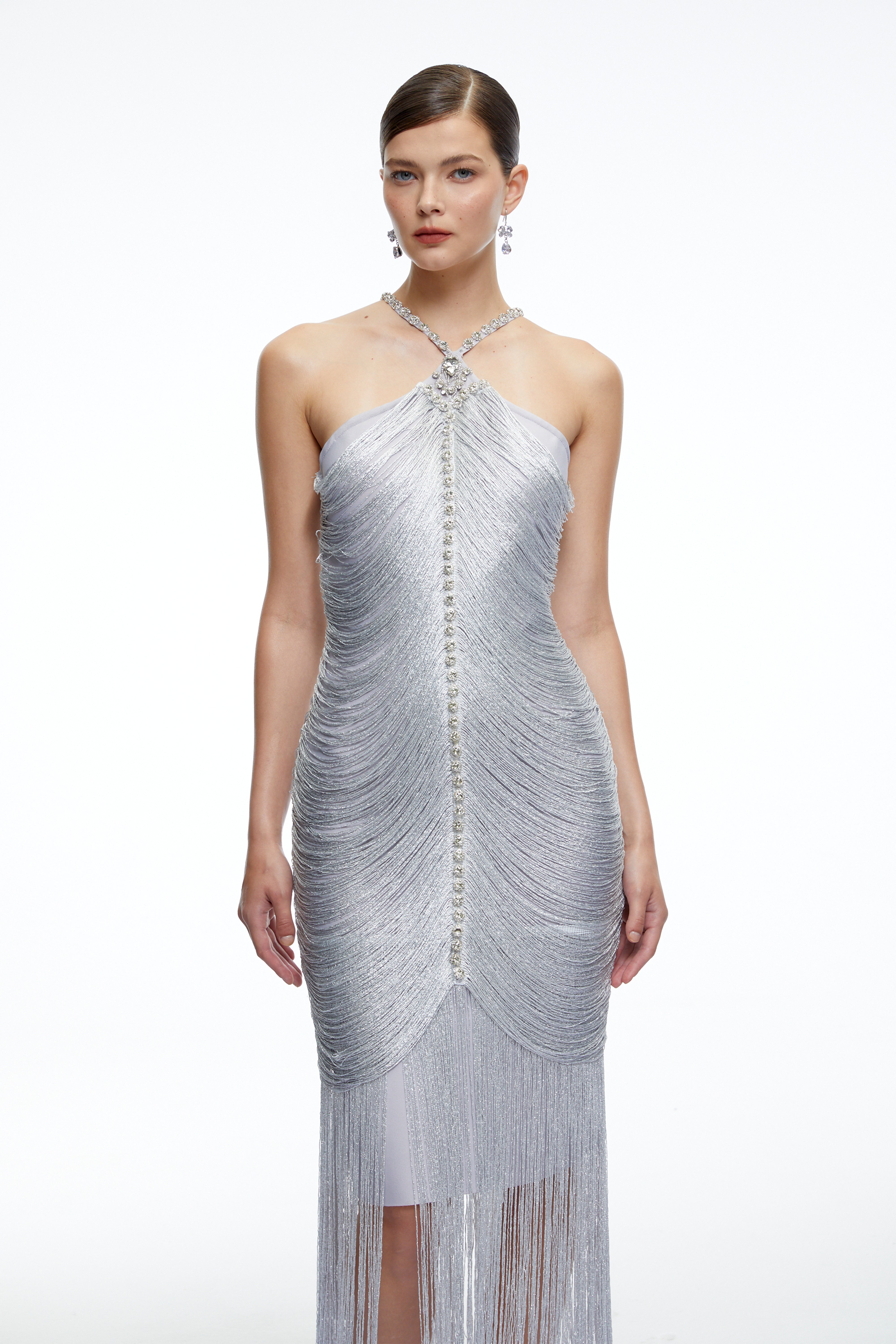 Bohdana Silver Halterneck Midi Dress with Fringe