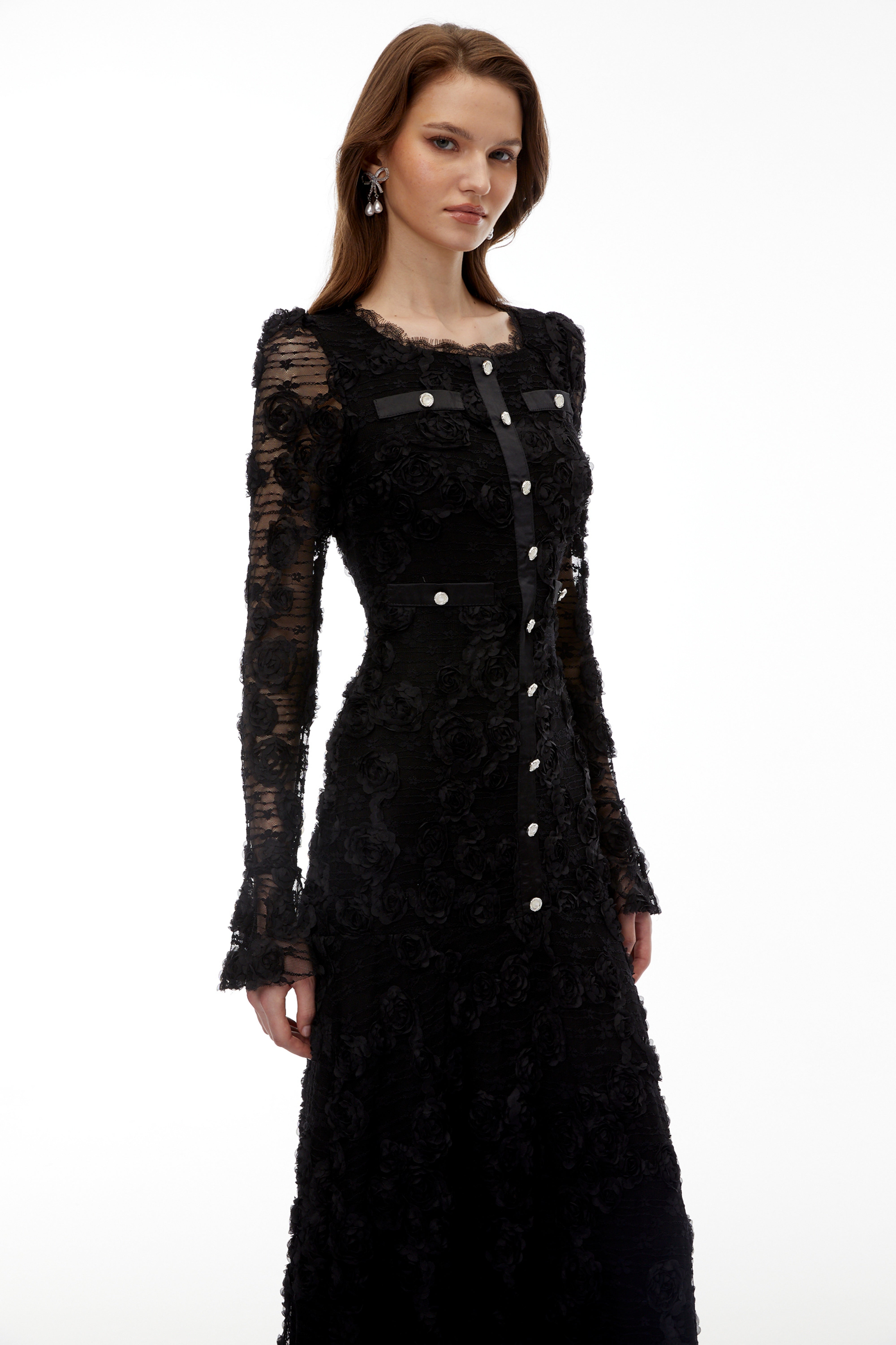 Branwen Black 3D-Floral Embroidered Lace Maxi Dress (Final Sale)