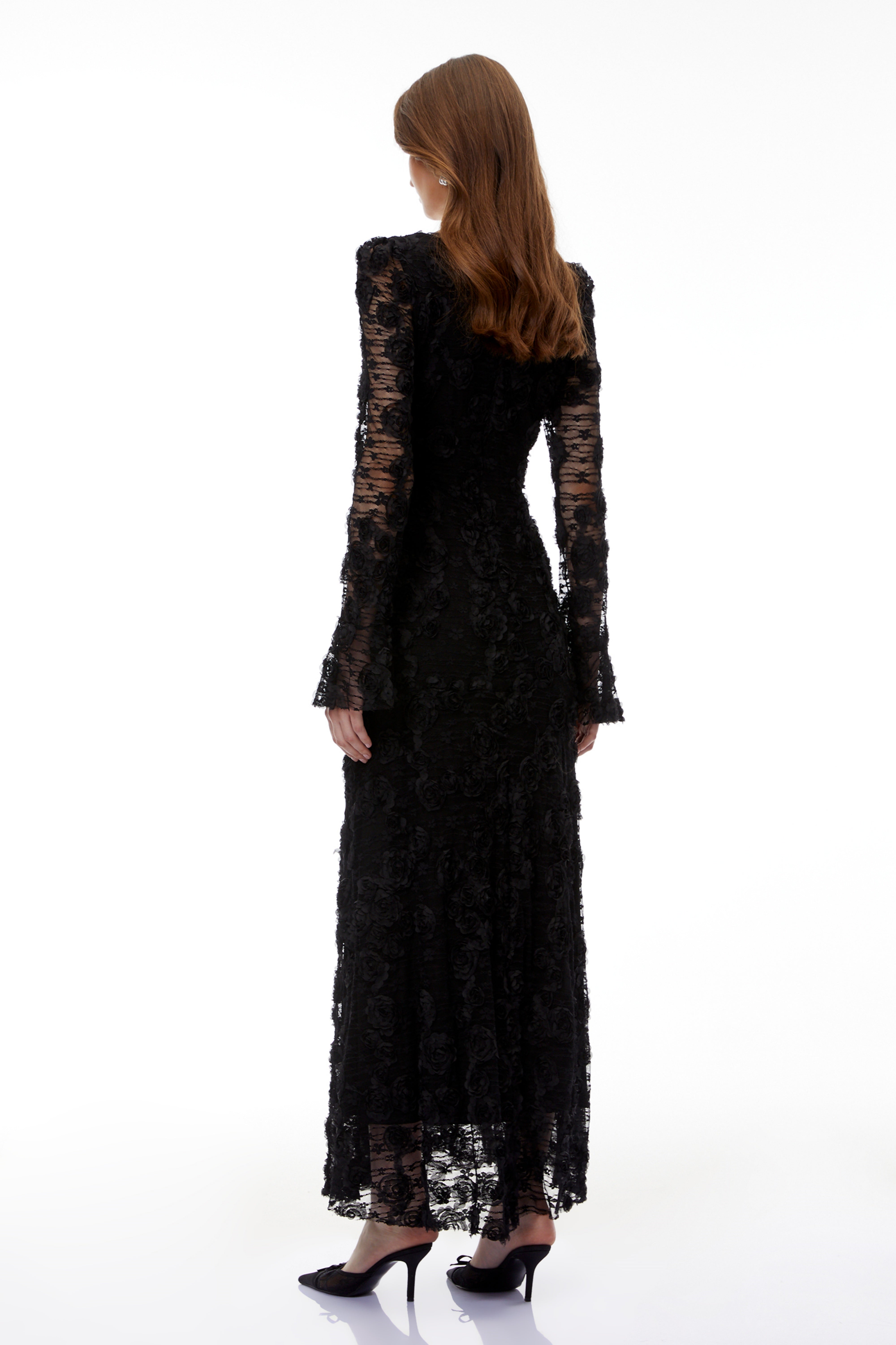 Branwen Black 3D-Floral Embroidered Lace Maxi Dress (Final Sale)