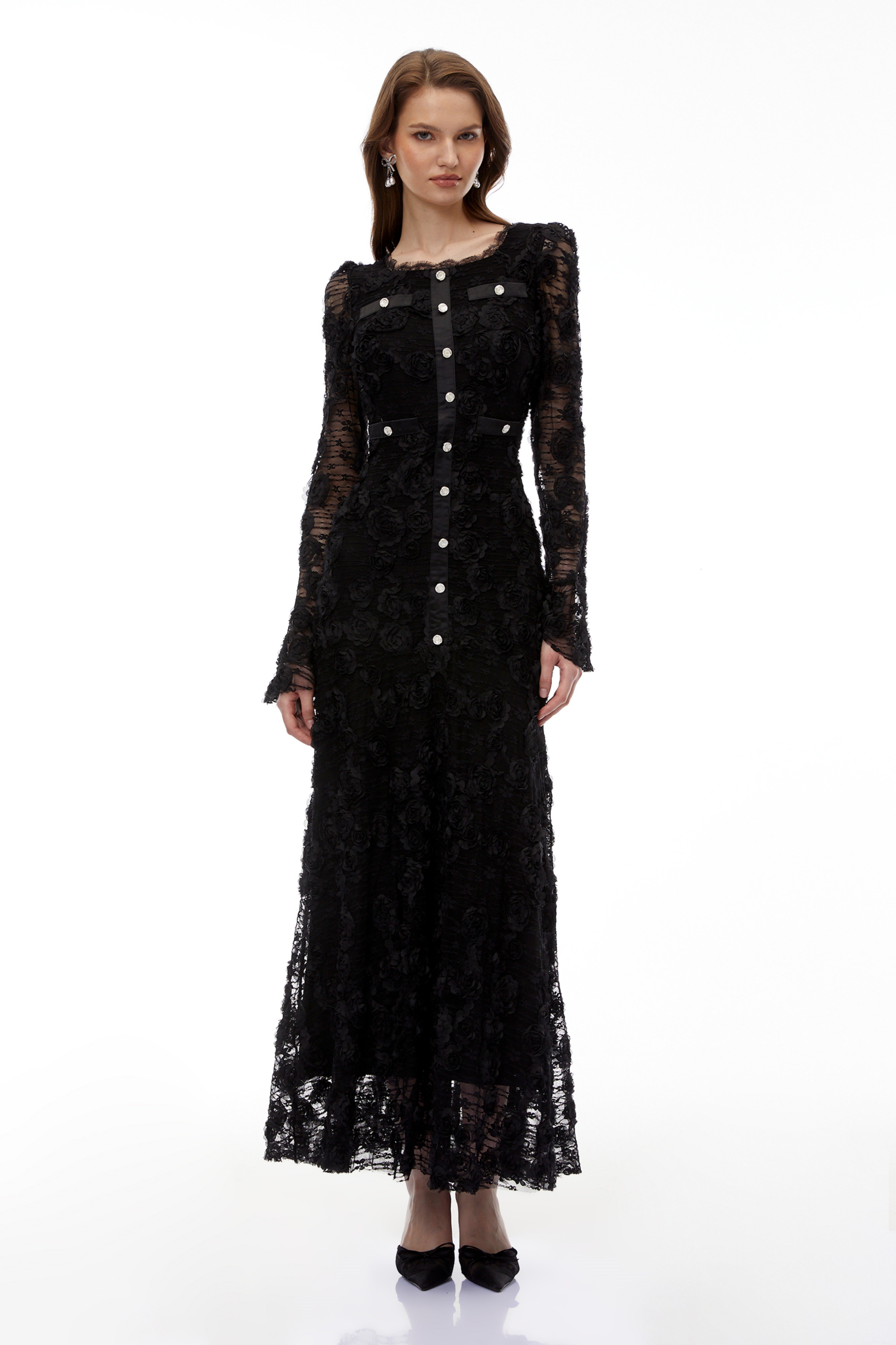 Branwen Black 3D-Floral Embroidered Lace Maxi Dress (Final Sale)