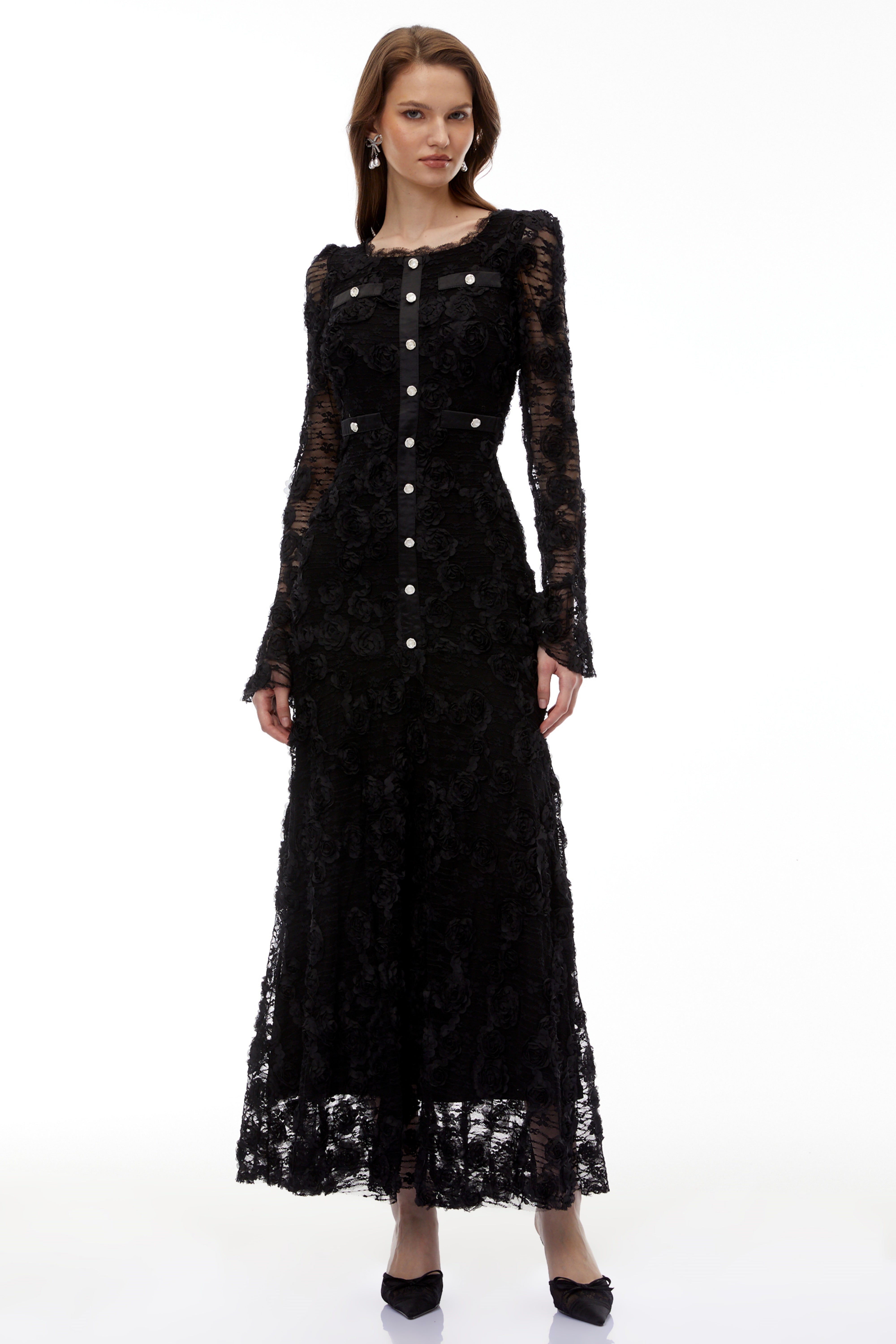 Branwen Black 3D-Floral Embroidered Lace Maxi Dress (Final Sale)