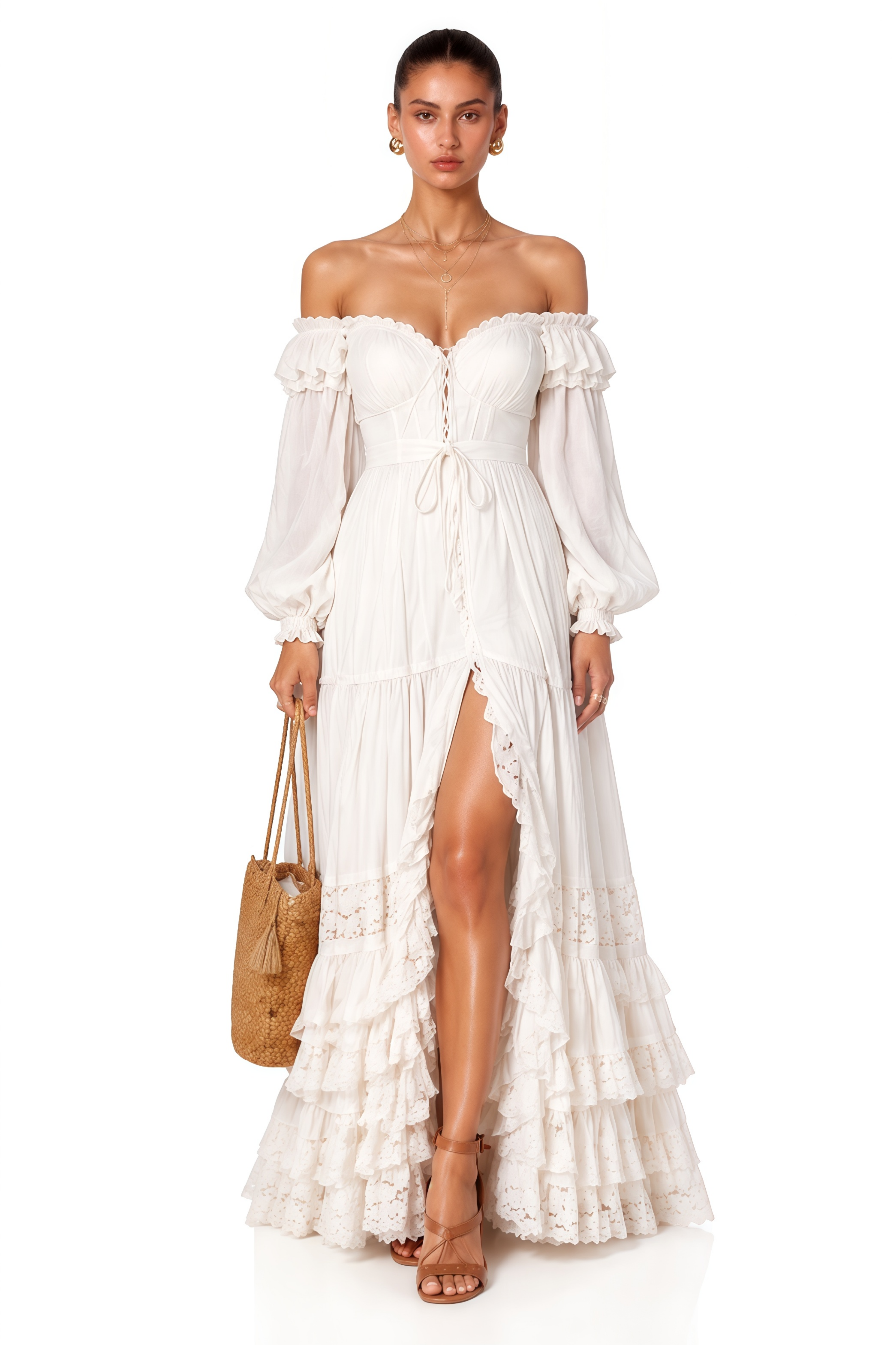 Brielle White Off Shoulder Lace Maxi Dress with Slit