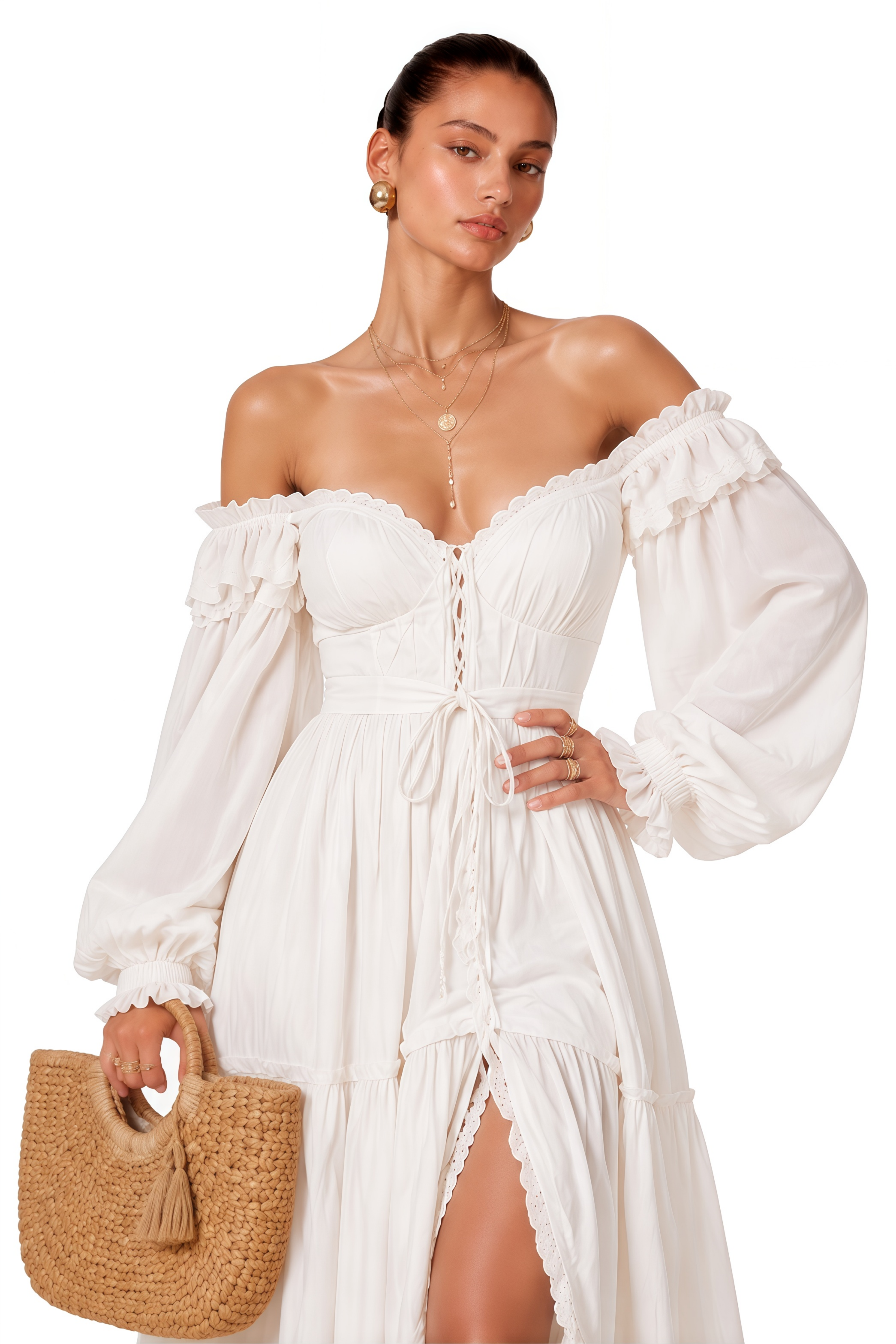 Brielle White Off Shoulder Lace Maxi Dress with Slit