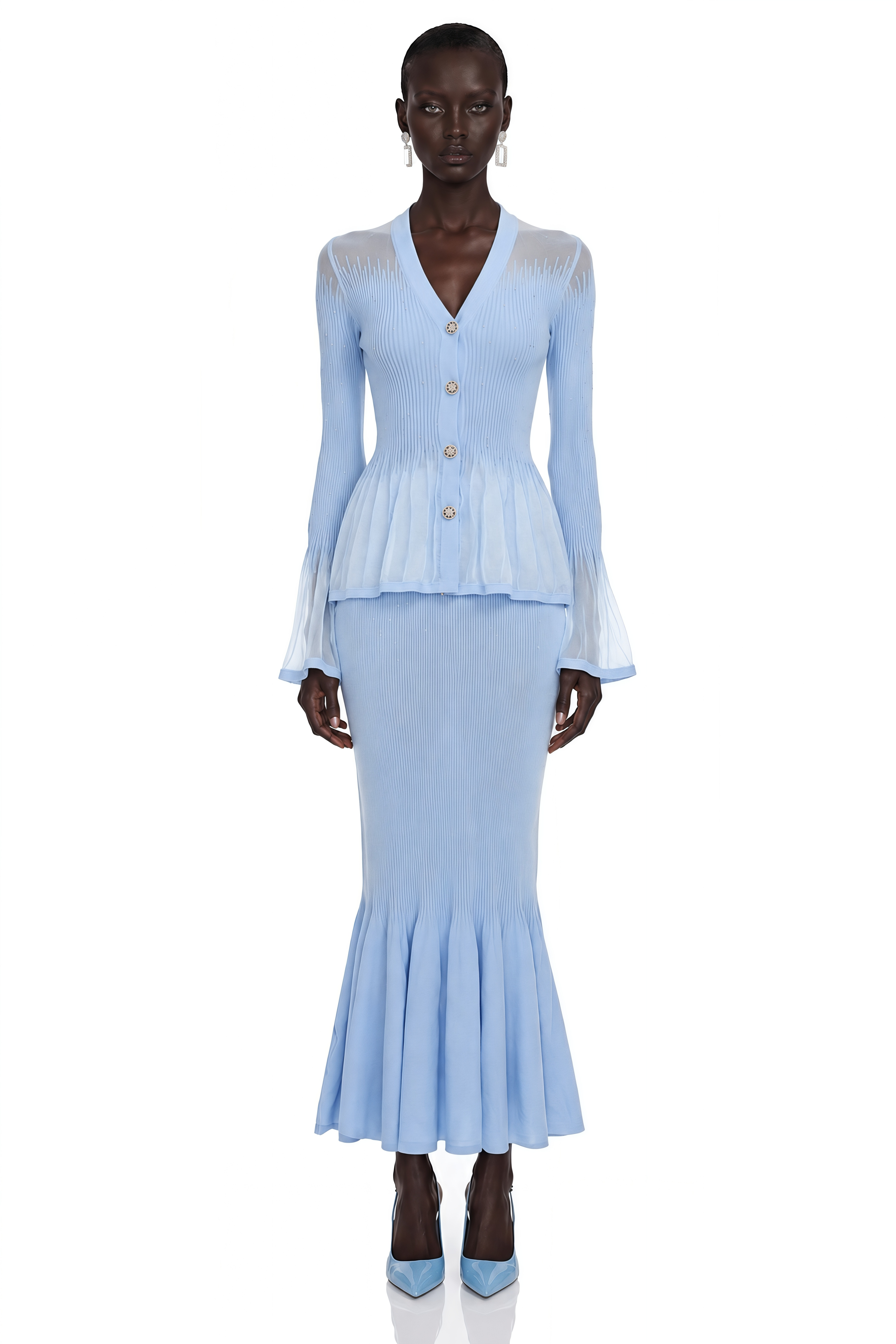 Briony Blue V-Neck Knit Top & Skirt Set