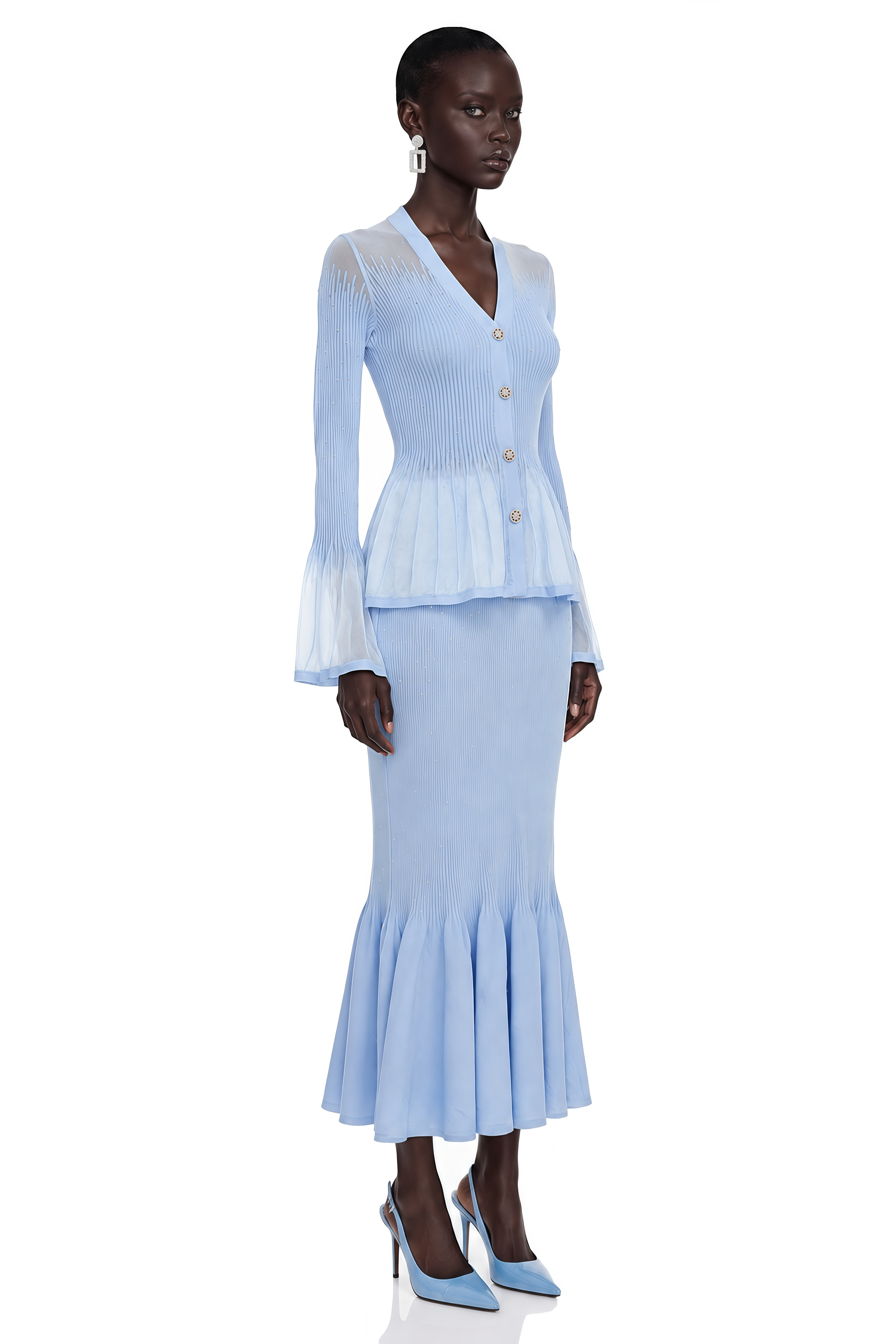 Briony Blue V-Neck Knit Top & Skirt Set