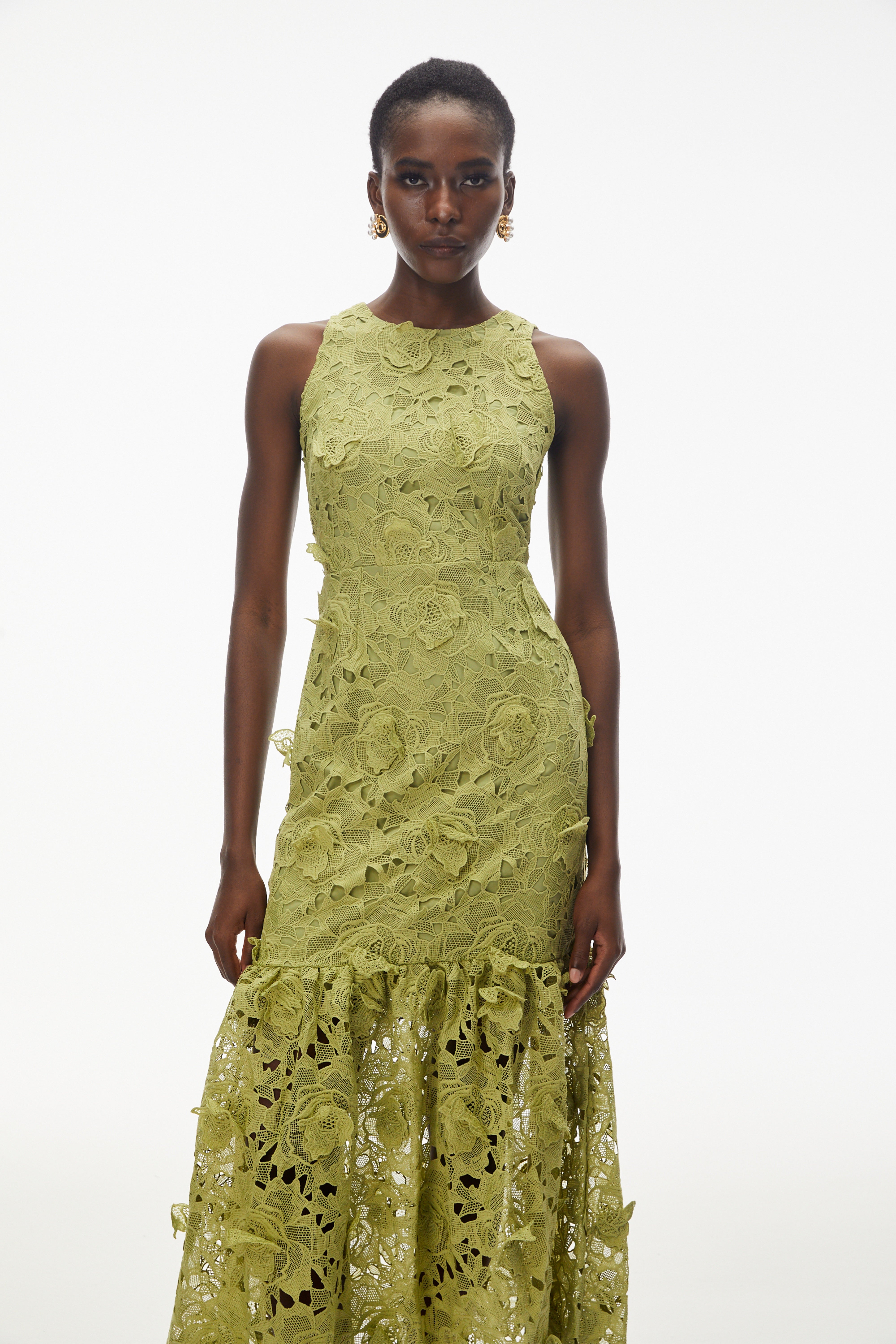 Robe midi Briseis vert olive à motifs floraux en 3D (Vente définitive – États-Unis uniquement)