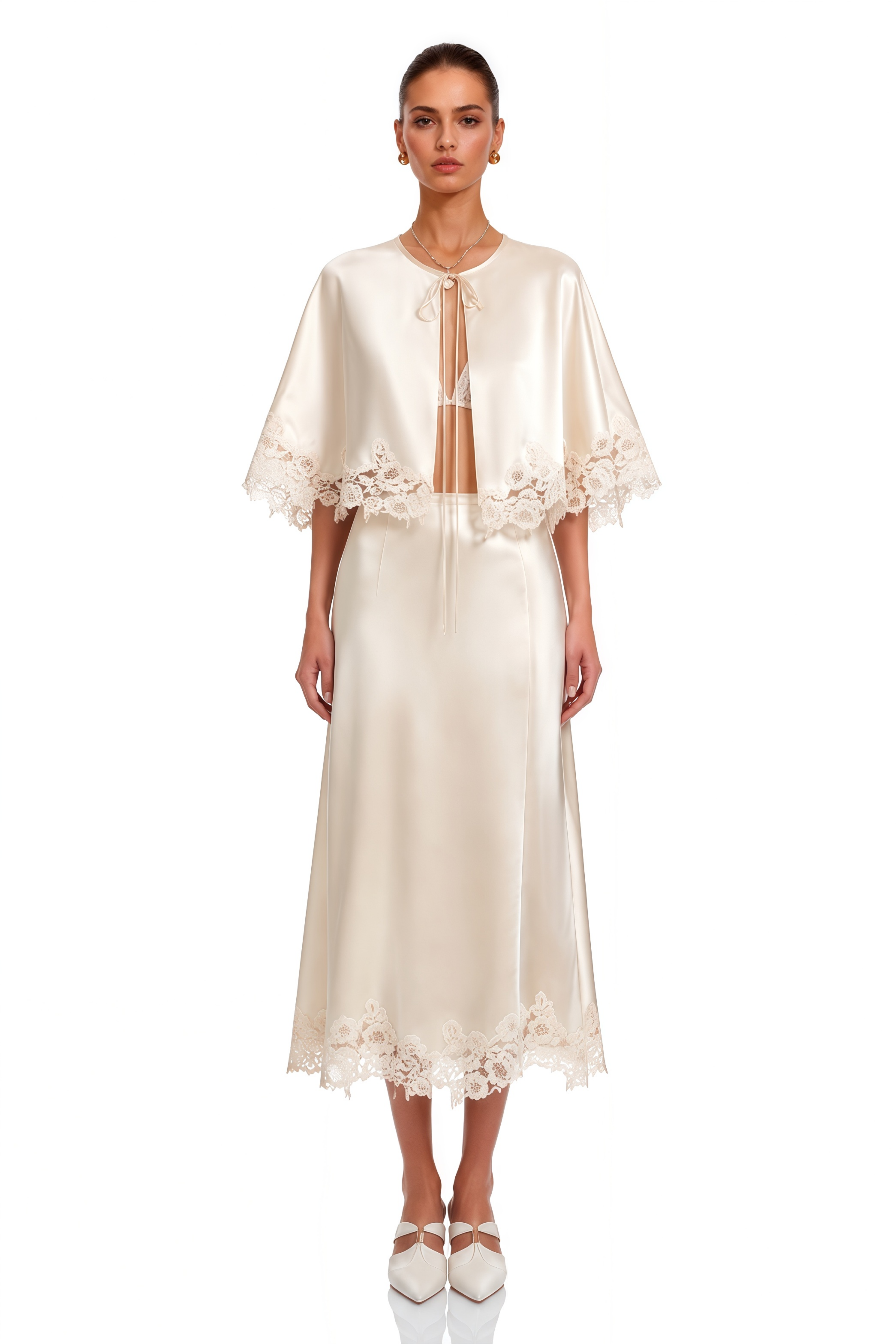 Brunilda Neutral Lace Trim Cape Top & Skirt Set