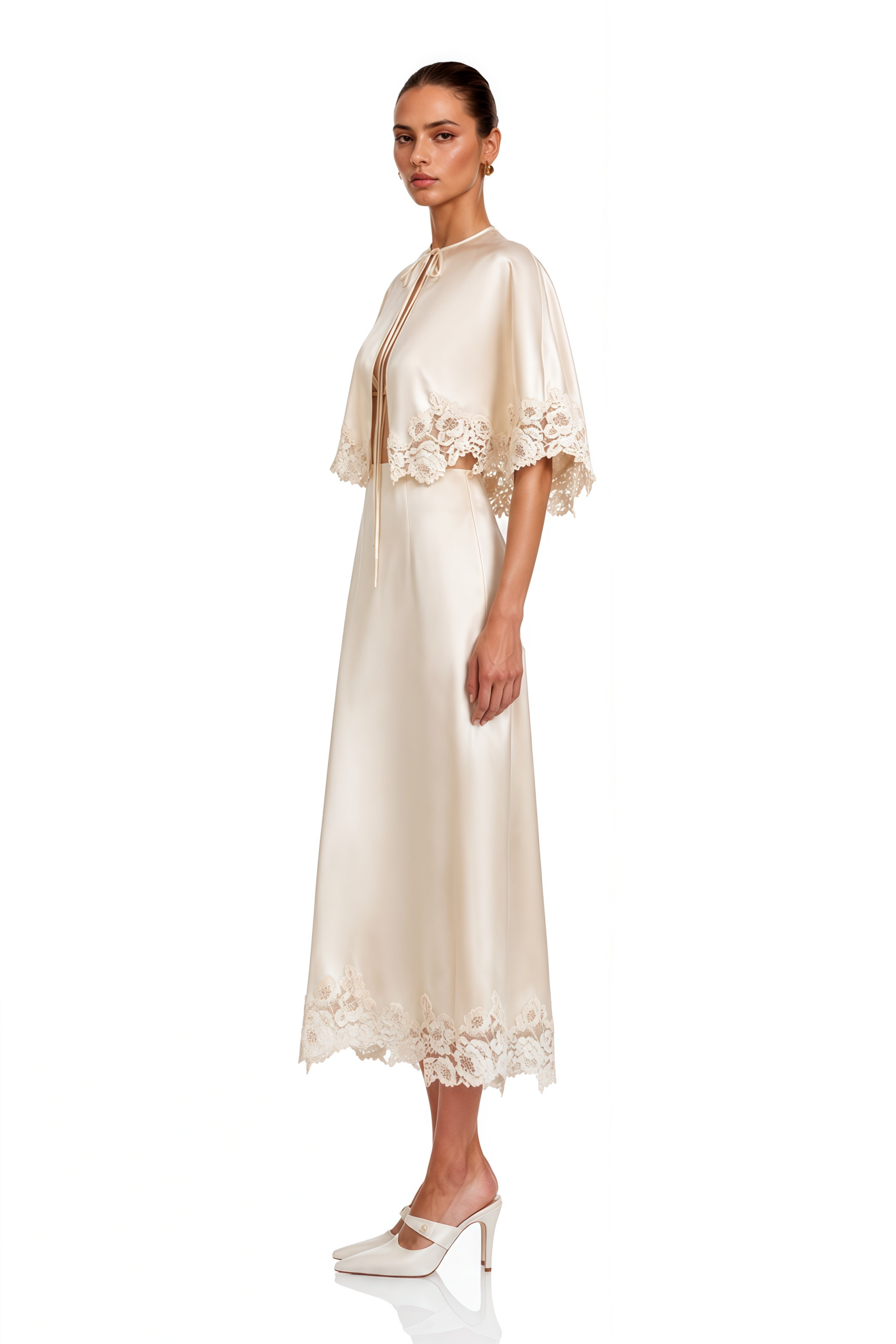 Brunilda Neutral Lace Trim Cape Top & Skirt Set