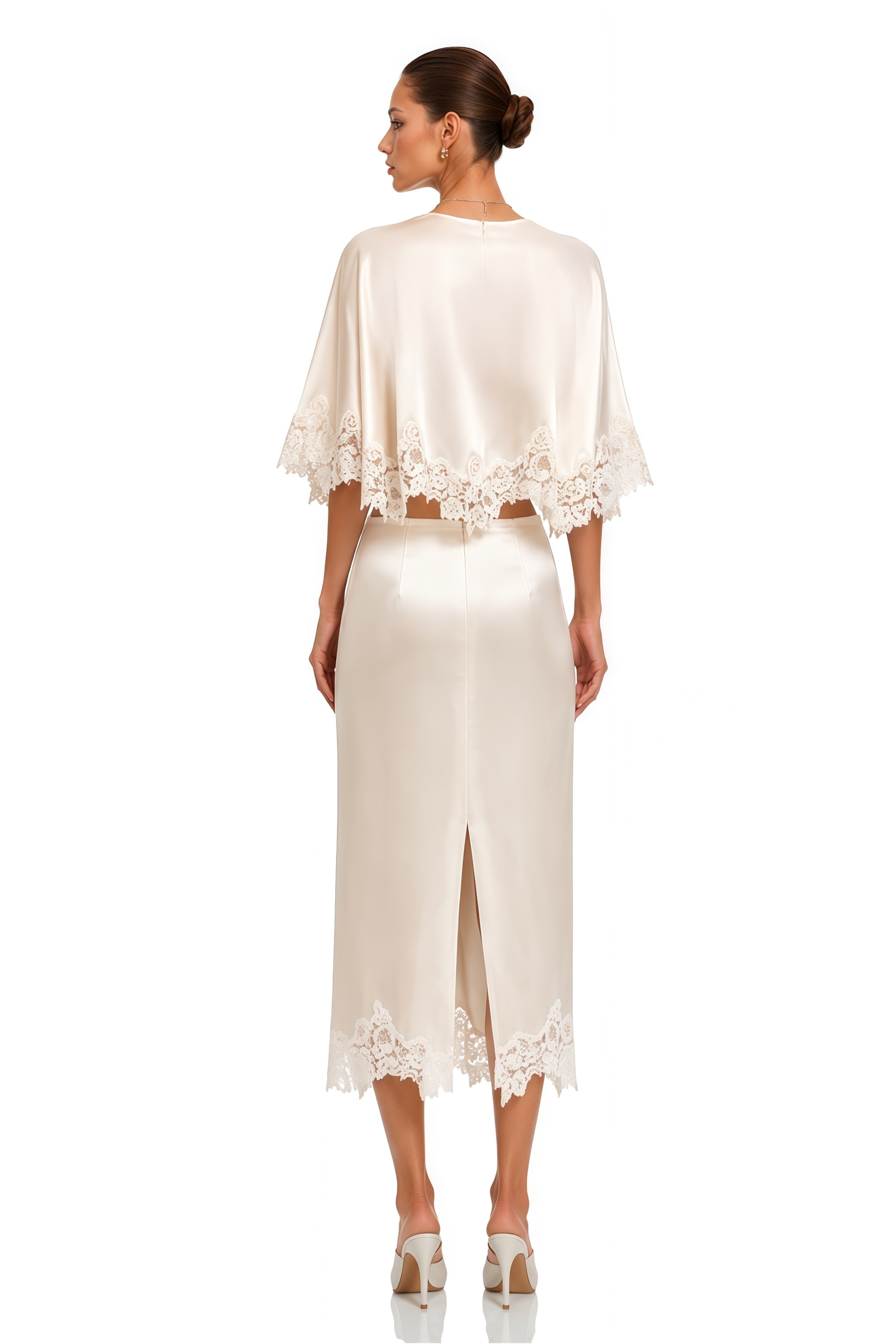 Brunilda Neutral Lace Trim Cape Top & Skirt Set