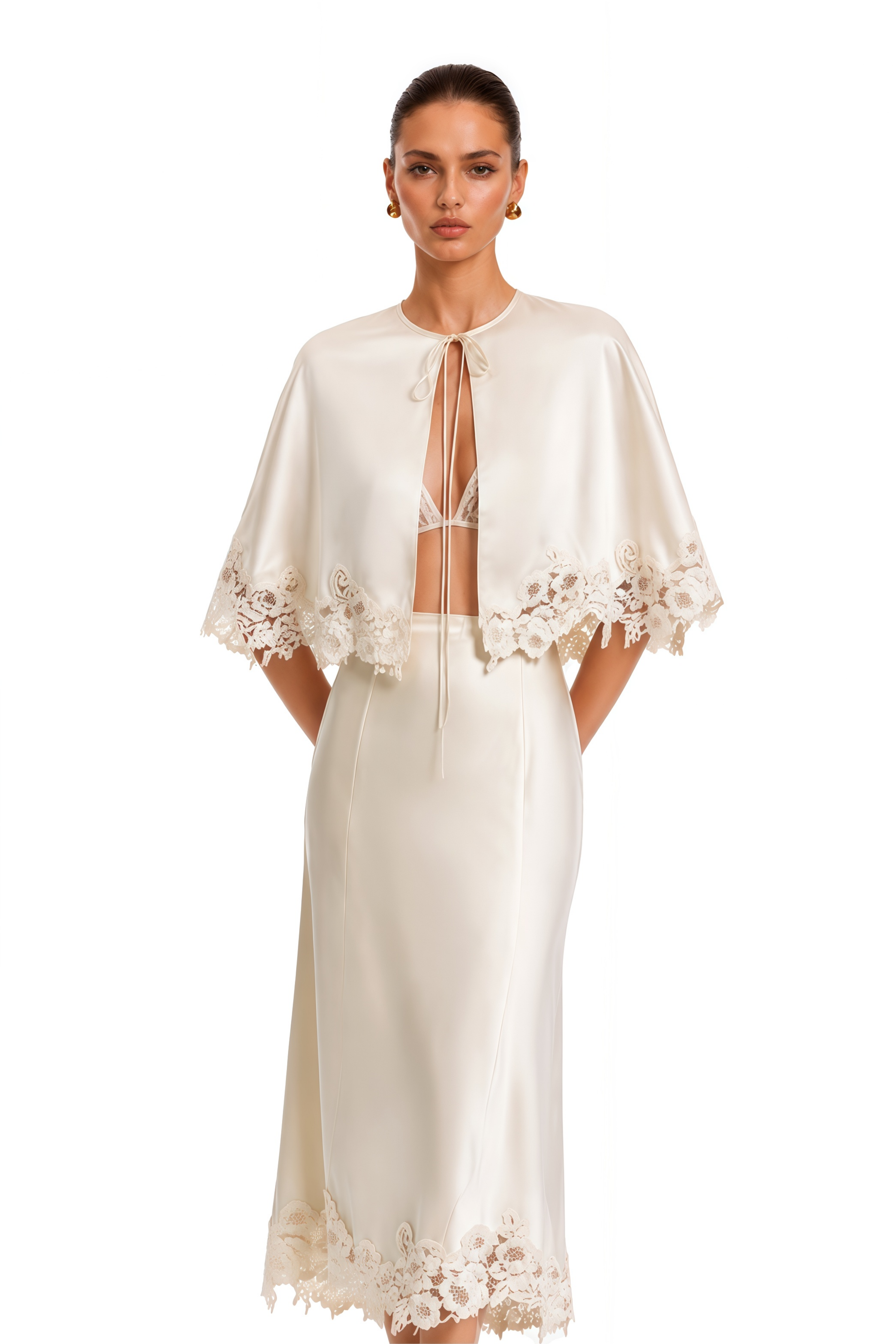 Brunilda Neutral Lace Trim Cape Top & Skirt Set