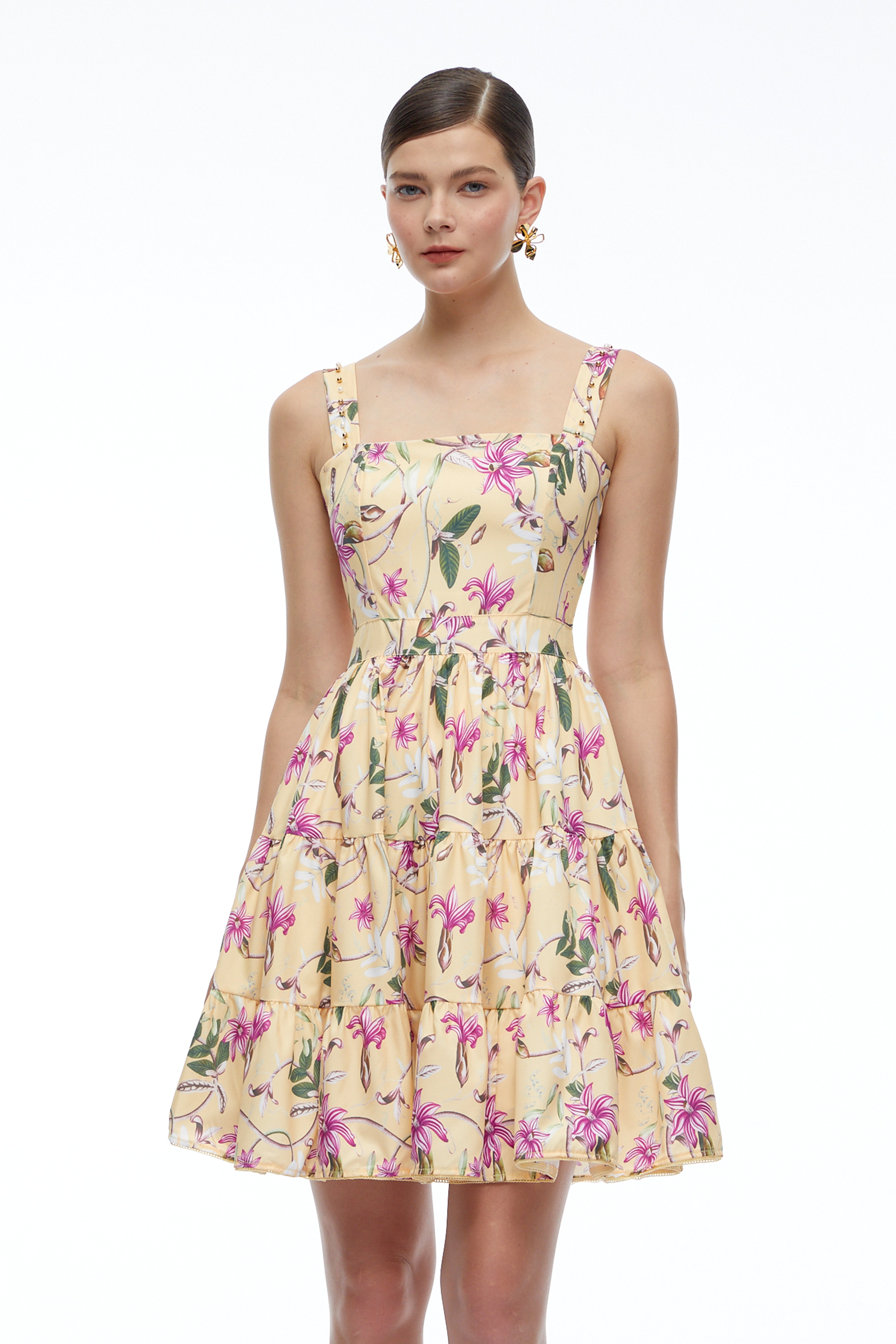 Flavie Neutral Floral Square Neck Tiered Mini Dress