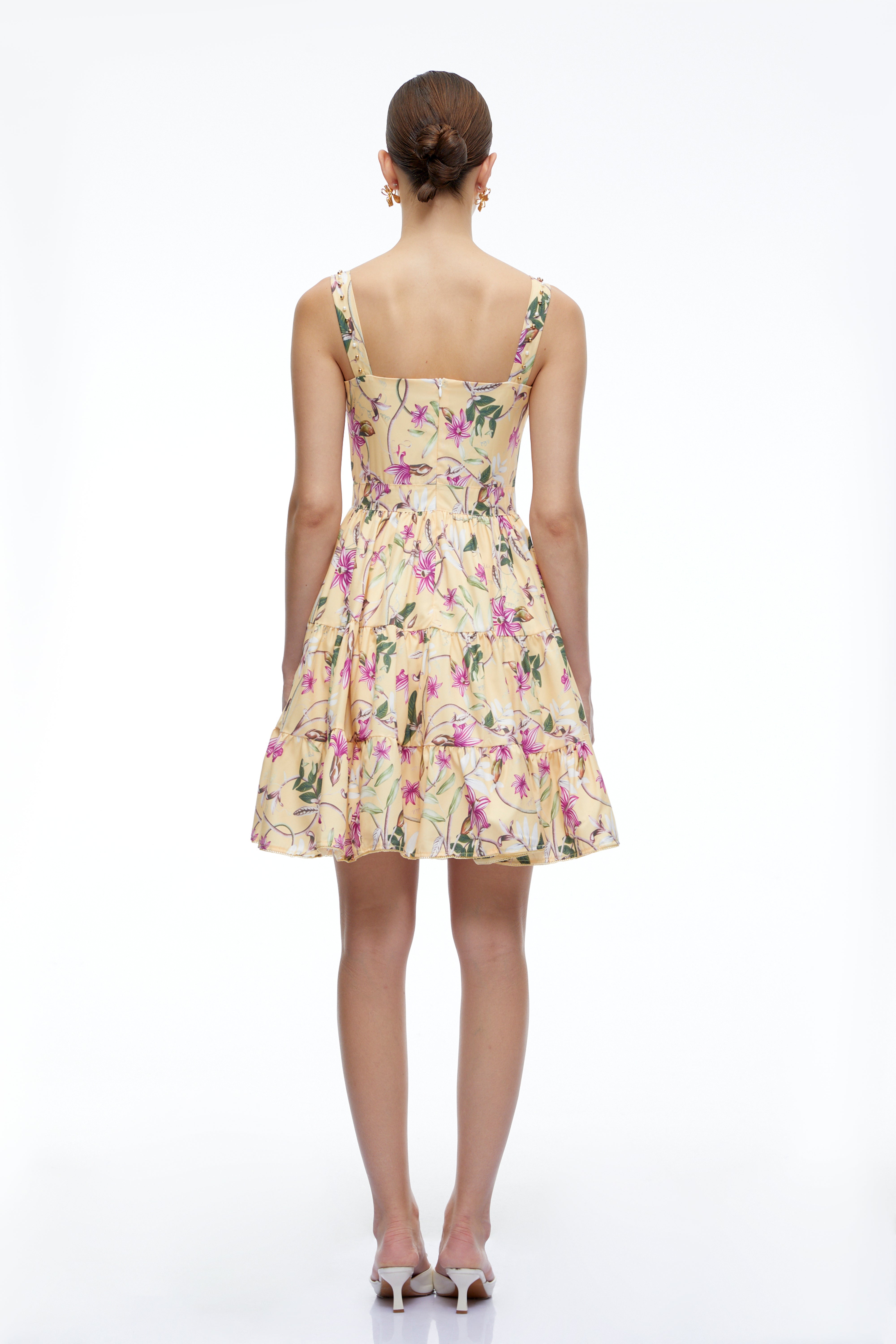 Flavie Neutral Floral Square Neck Tiered Mini Dress