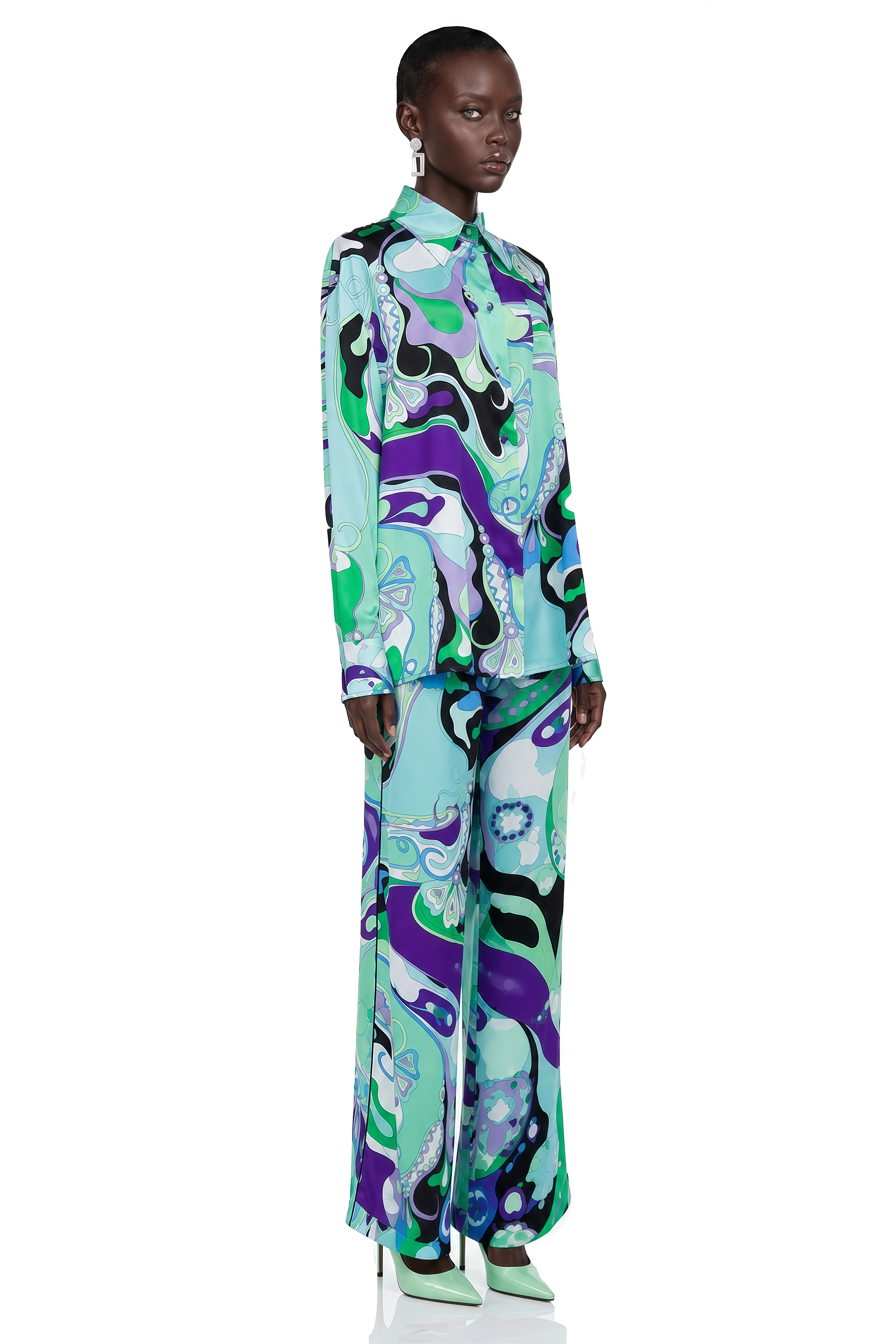 Calista Green Printed Shirt & Wide-Leg Trousers Set