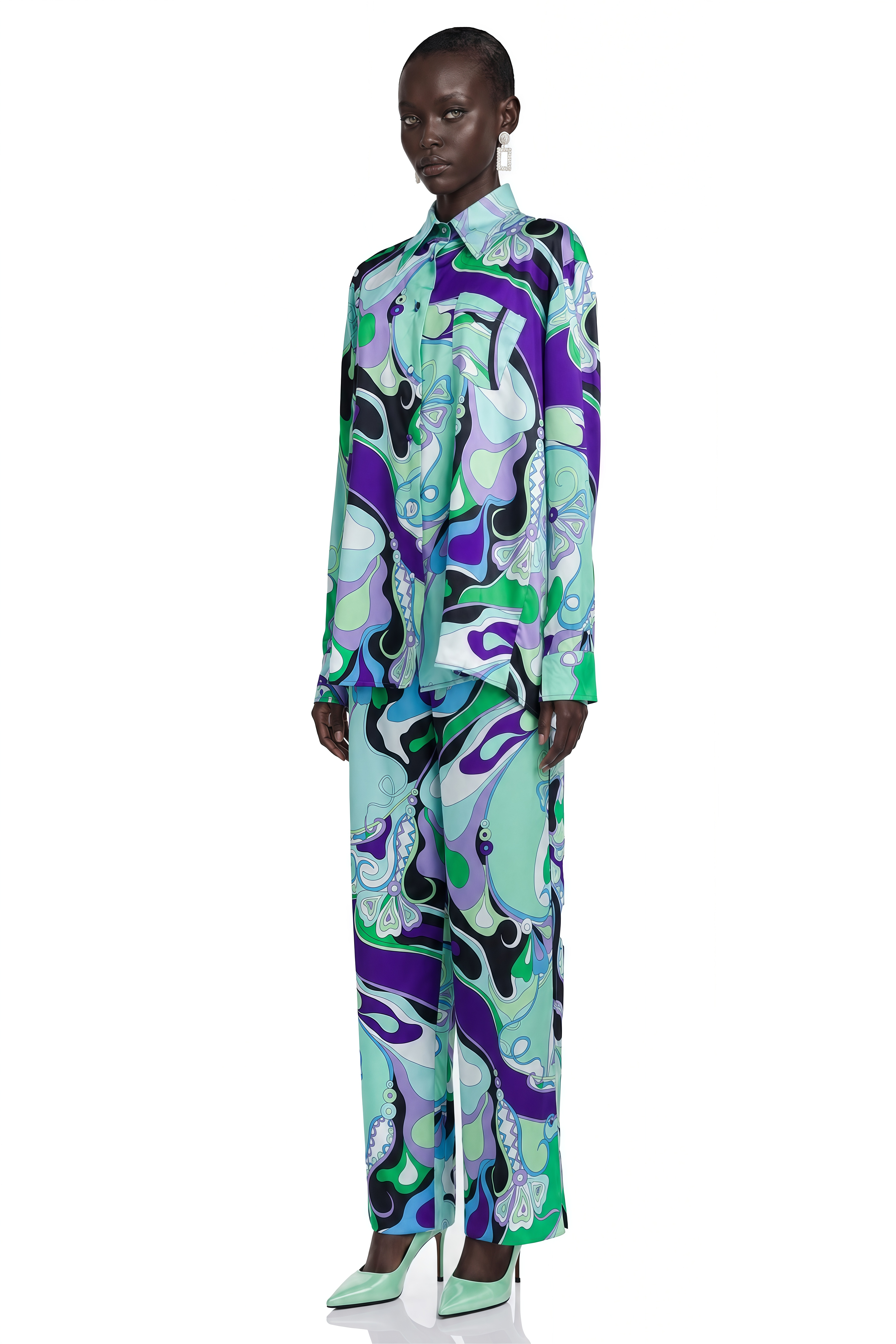 Calista Green Printed Shirt & Wide-Leg Trousers Set