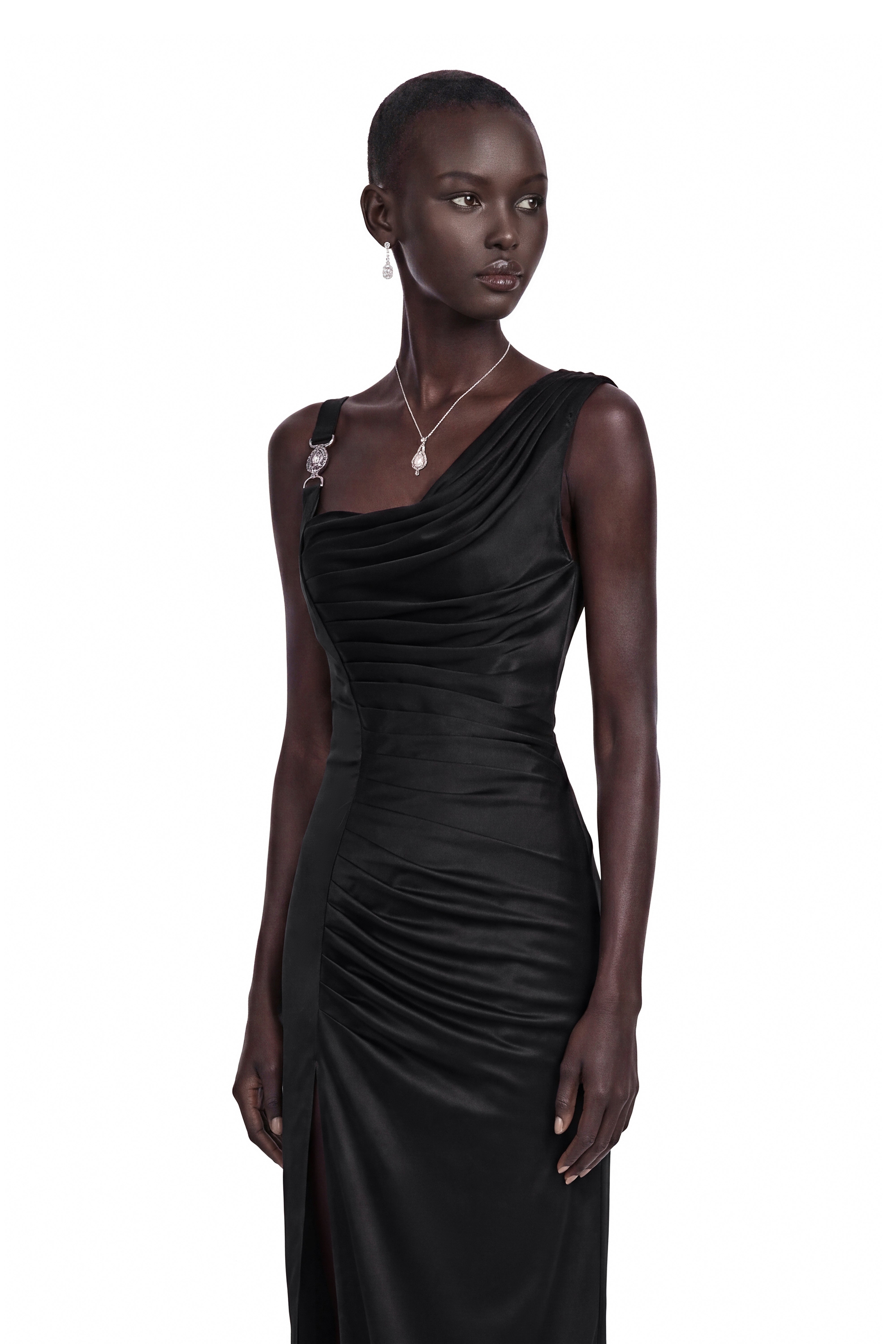 Robe longue asymétrique froncée Calliope Black
