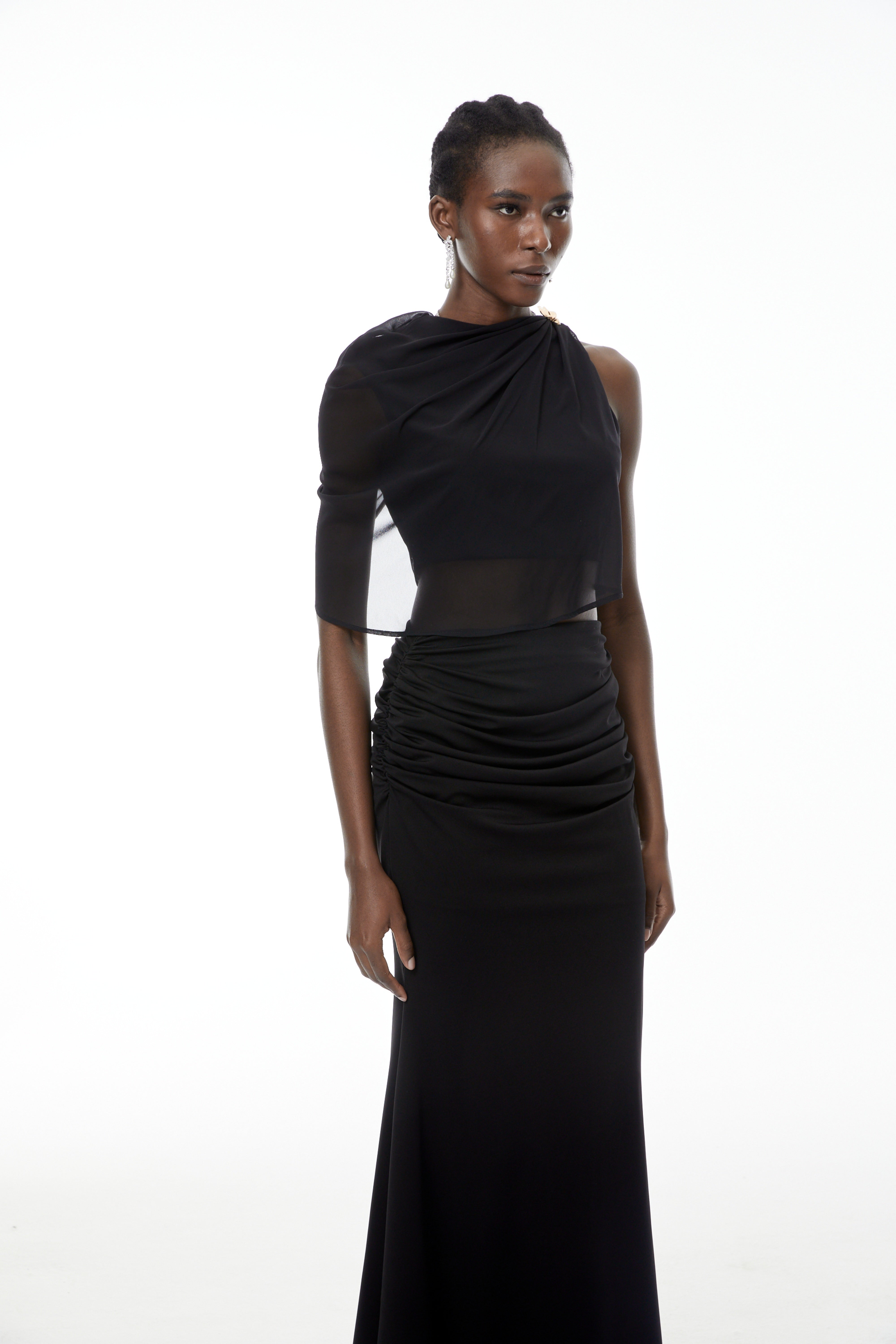 Calypso Black Asymmetrical Ruched Top & Skirt Set (Final Sale-US Only)