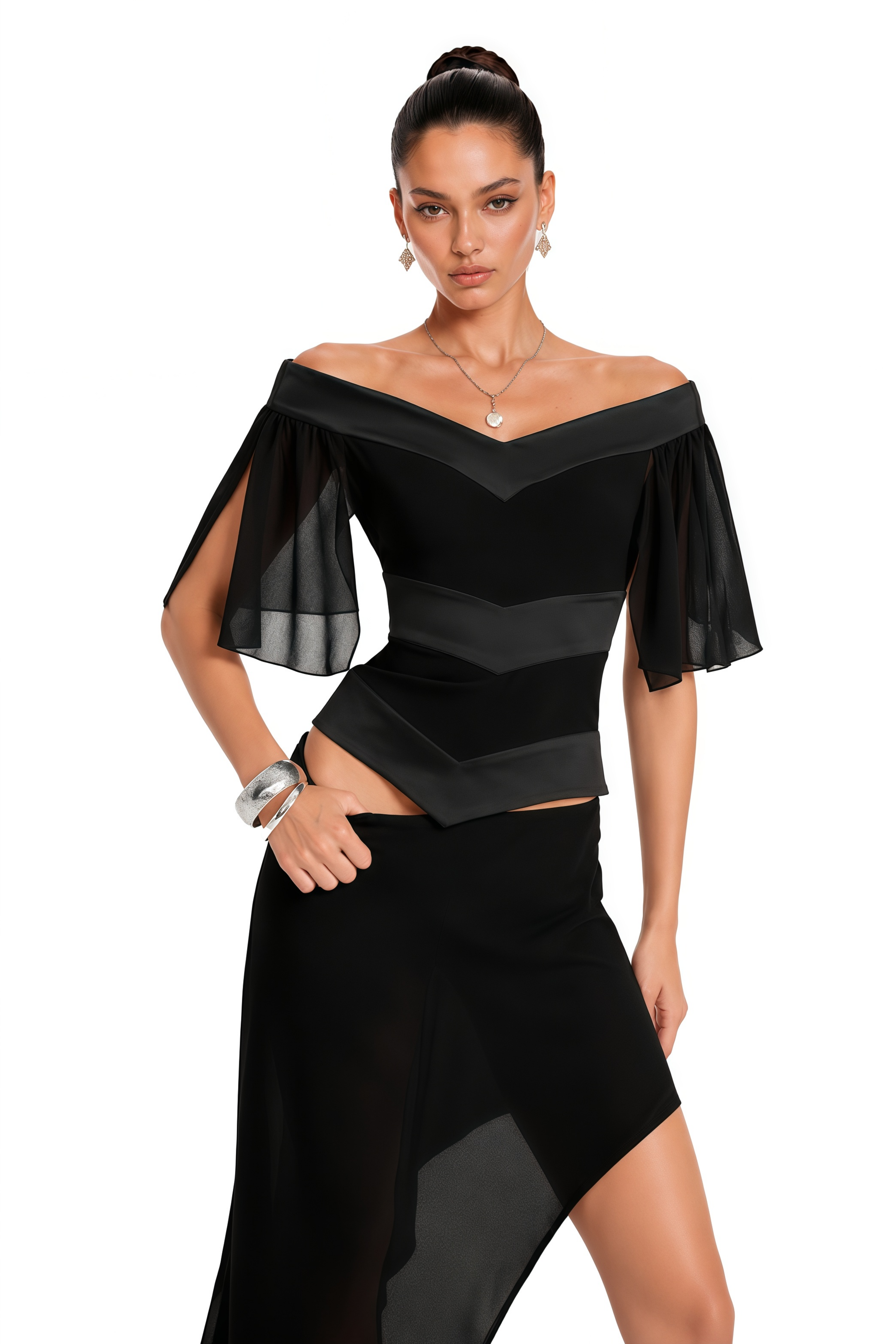 Camellia Black Off Shoulder Asymmetrical Maxi Dress