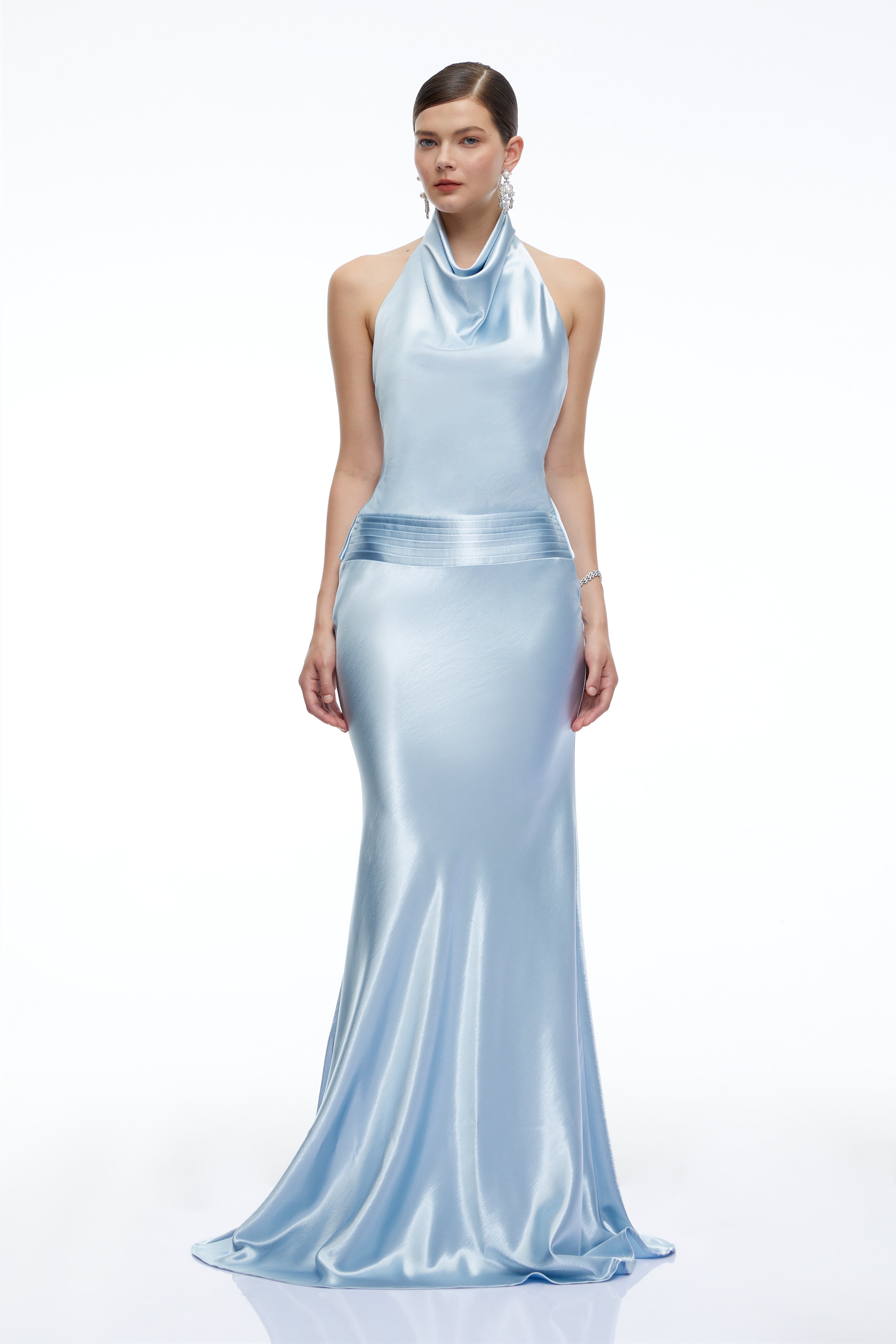 Camille Blue Satin Halterneck Maxi Dress