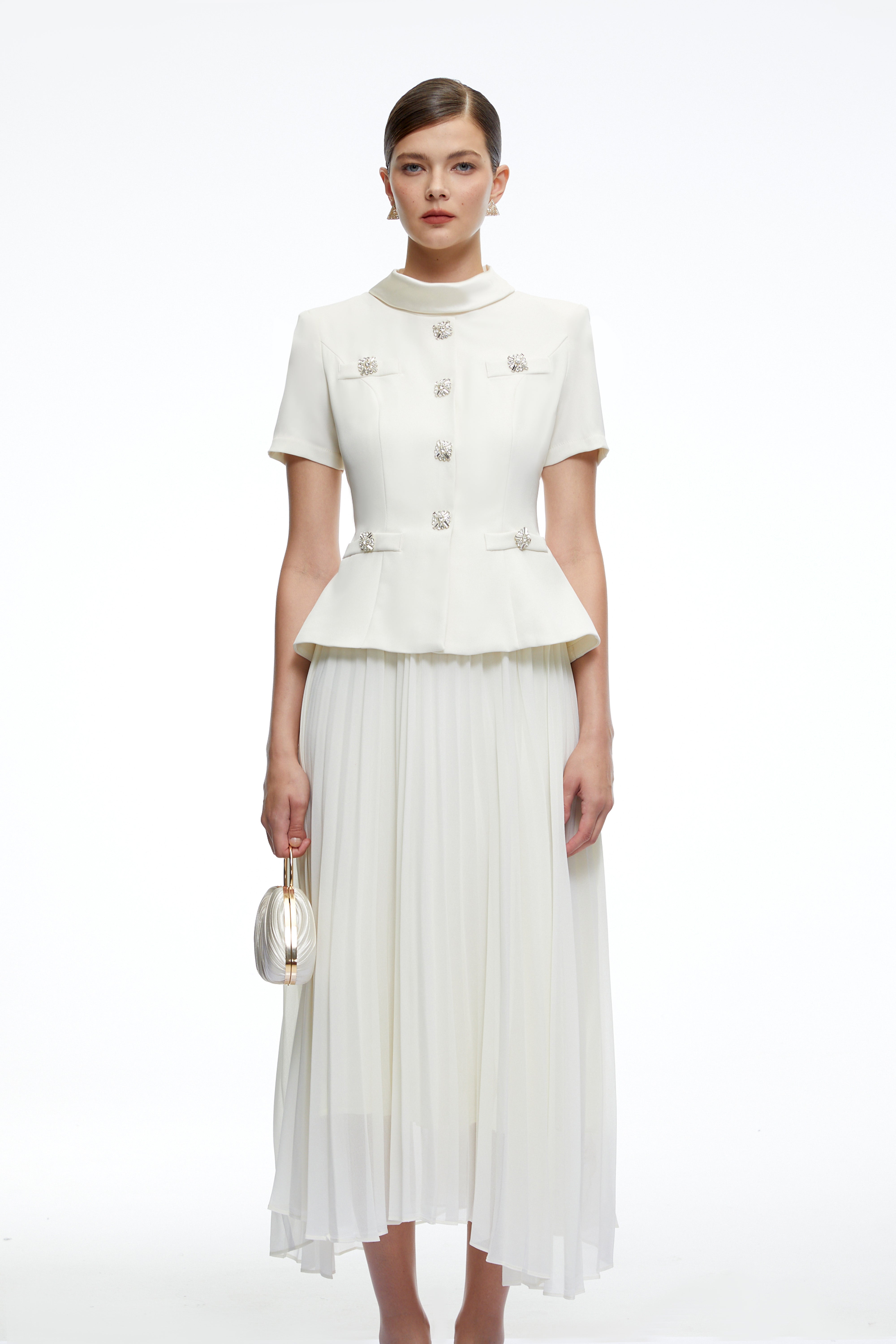Camille Neutral Structured Pleated Midi Dress
