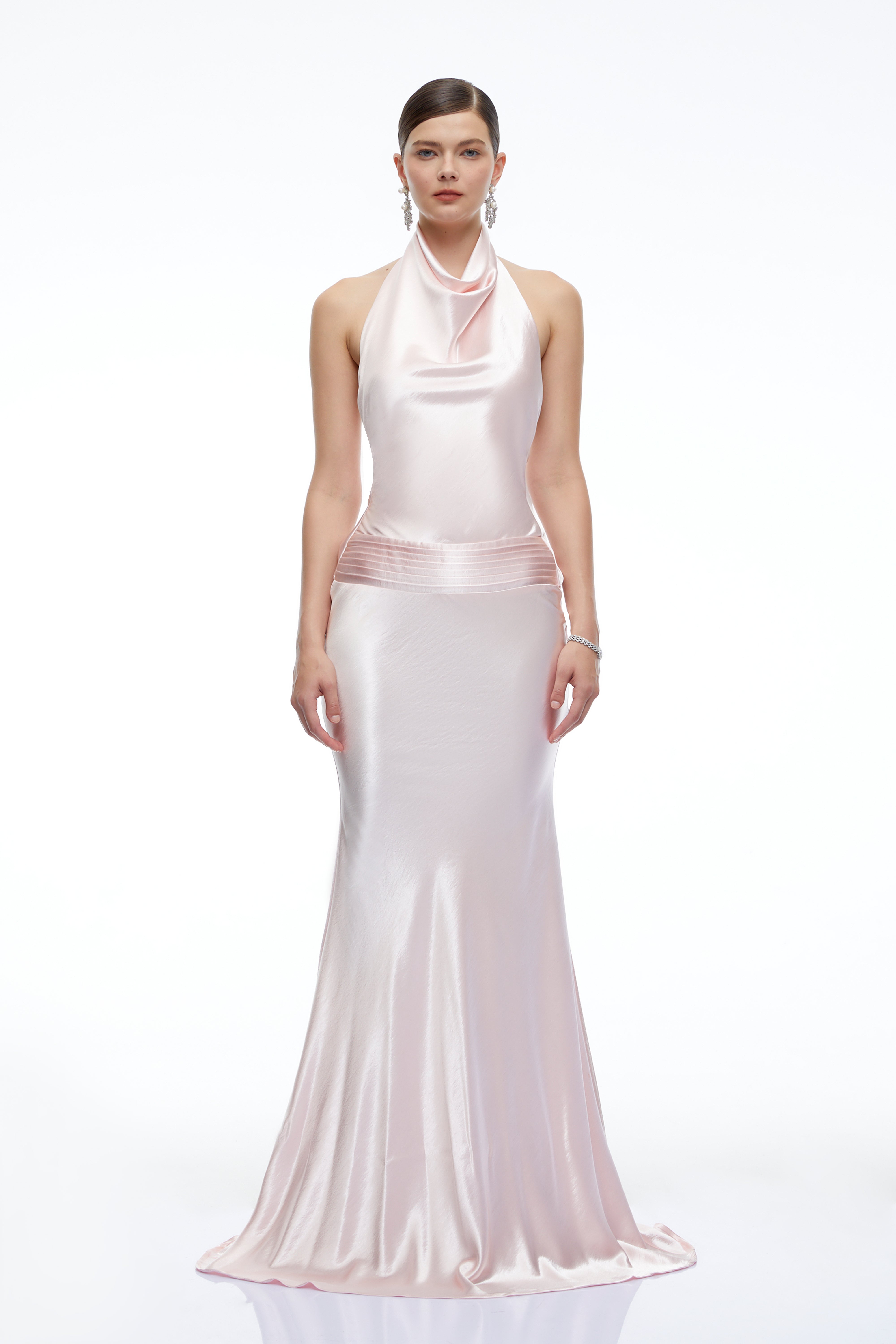 Camille Pink Satin Halterneck Maxi Dress