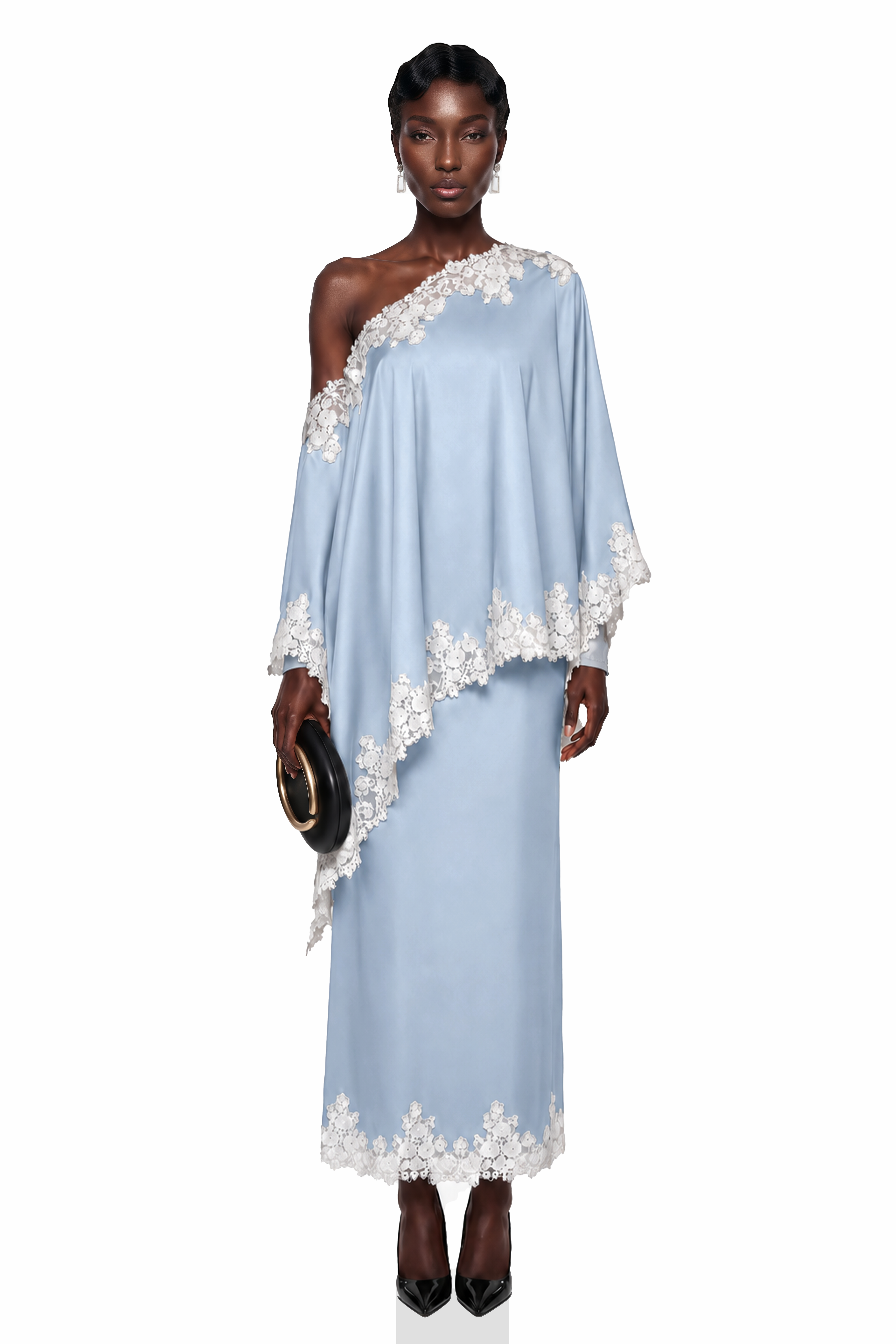 Carlota Blue Cape & Skirt Set with Lace Trim