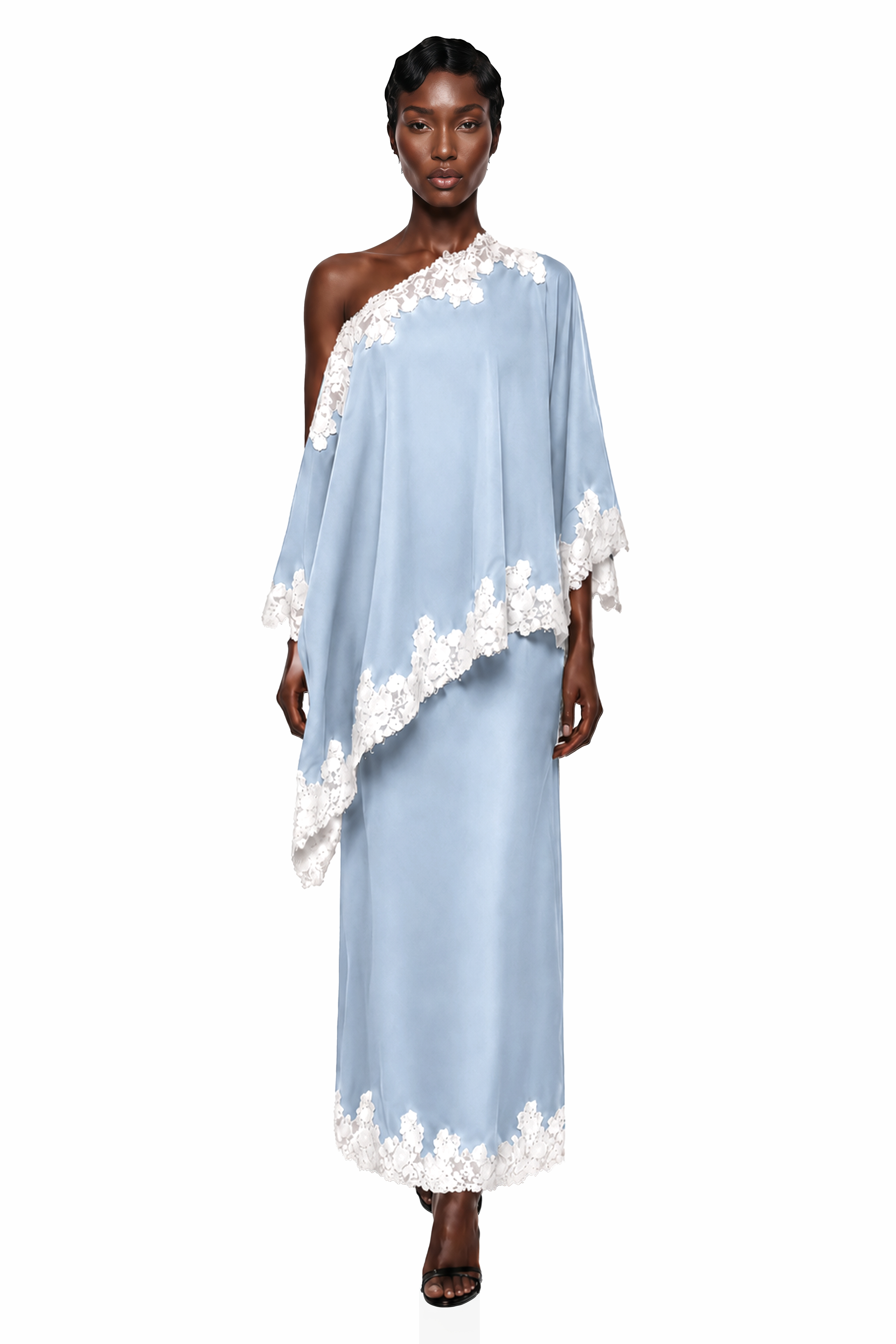 Carlota Blue Cape & Skirt Set with Lace Trim