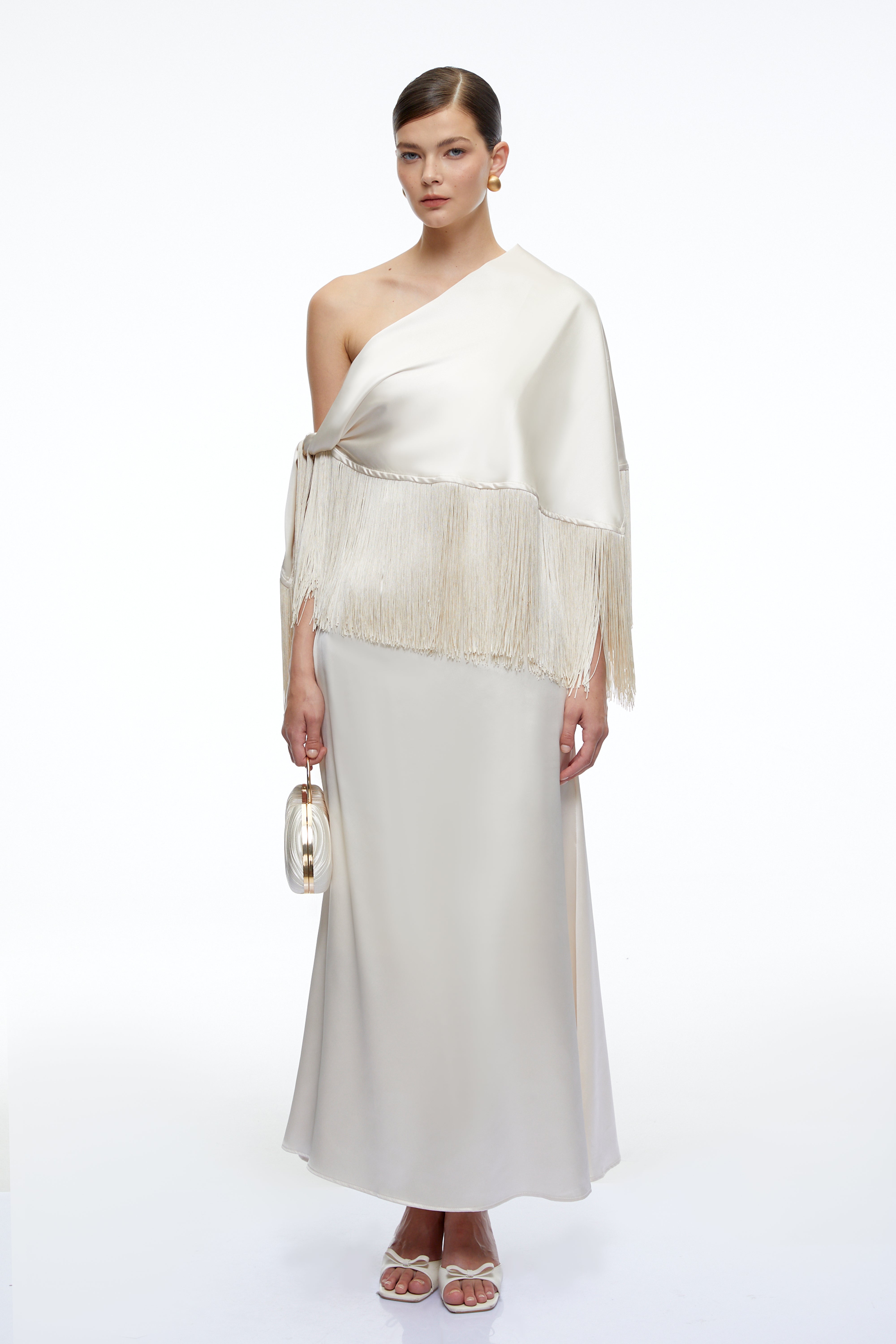Carolina Neutral One Shoulder Satin Maxi Dress with Fringe