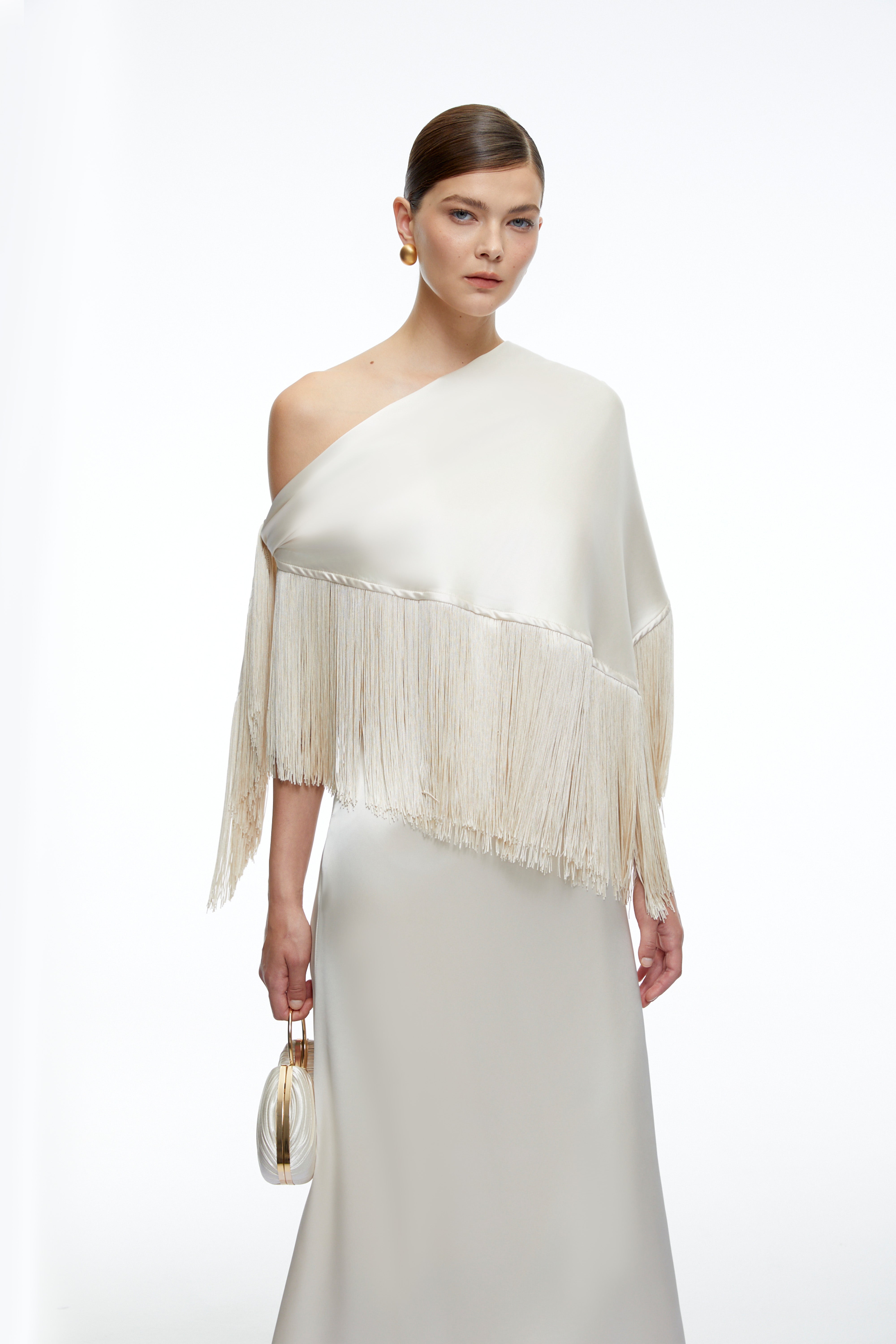 Carolina Neutral One Shoulder Satin Maxi Dress with Fringe