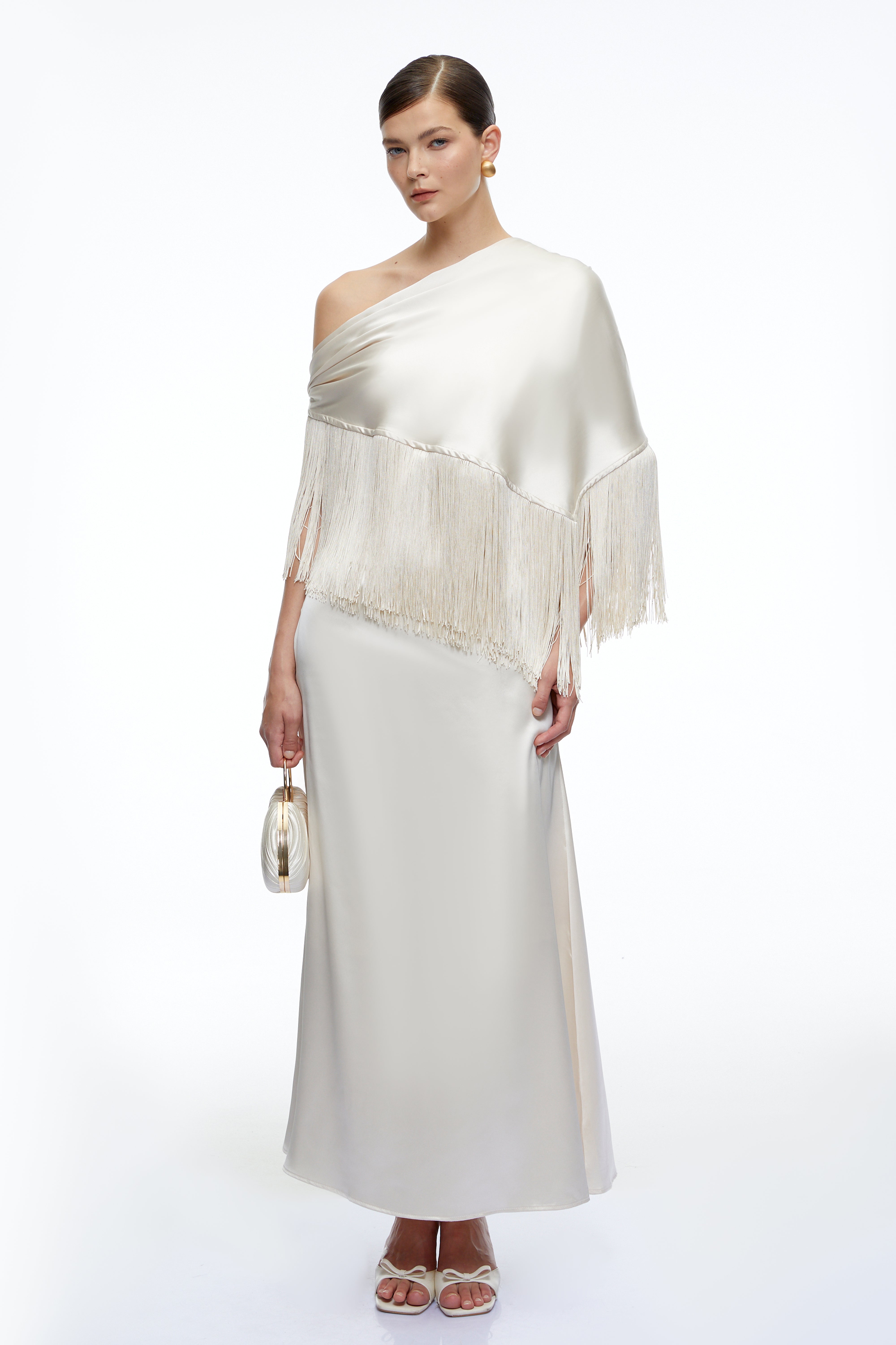 Carolina Neutral One Shoulder Satin Maxi Dress with Fringe