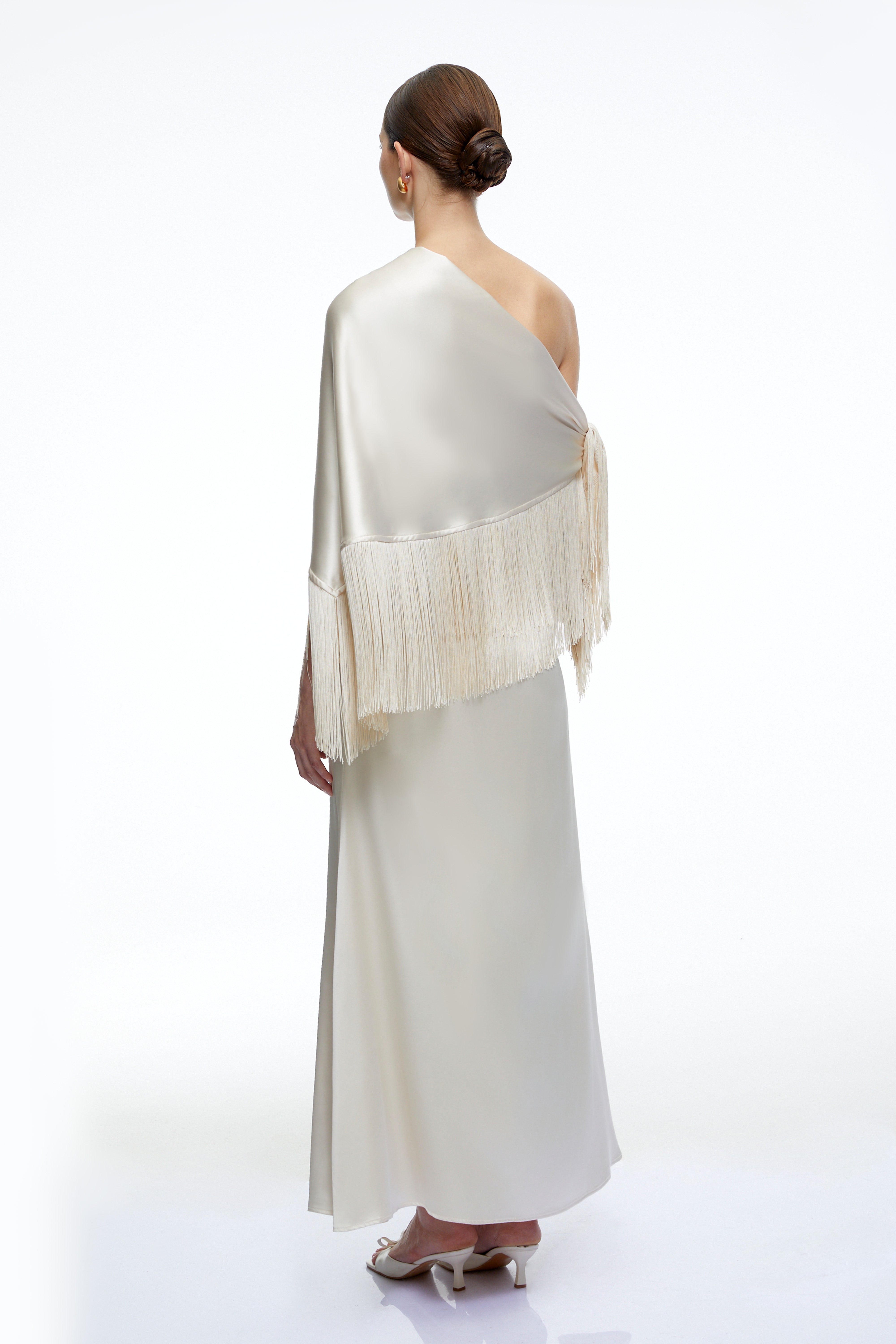 Carolina Neutral One Shoulder Satin Maxi Dress with Fringe