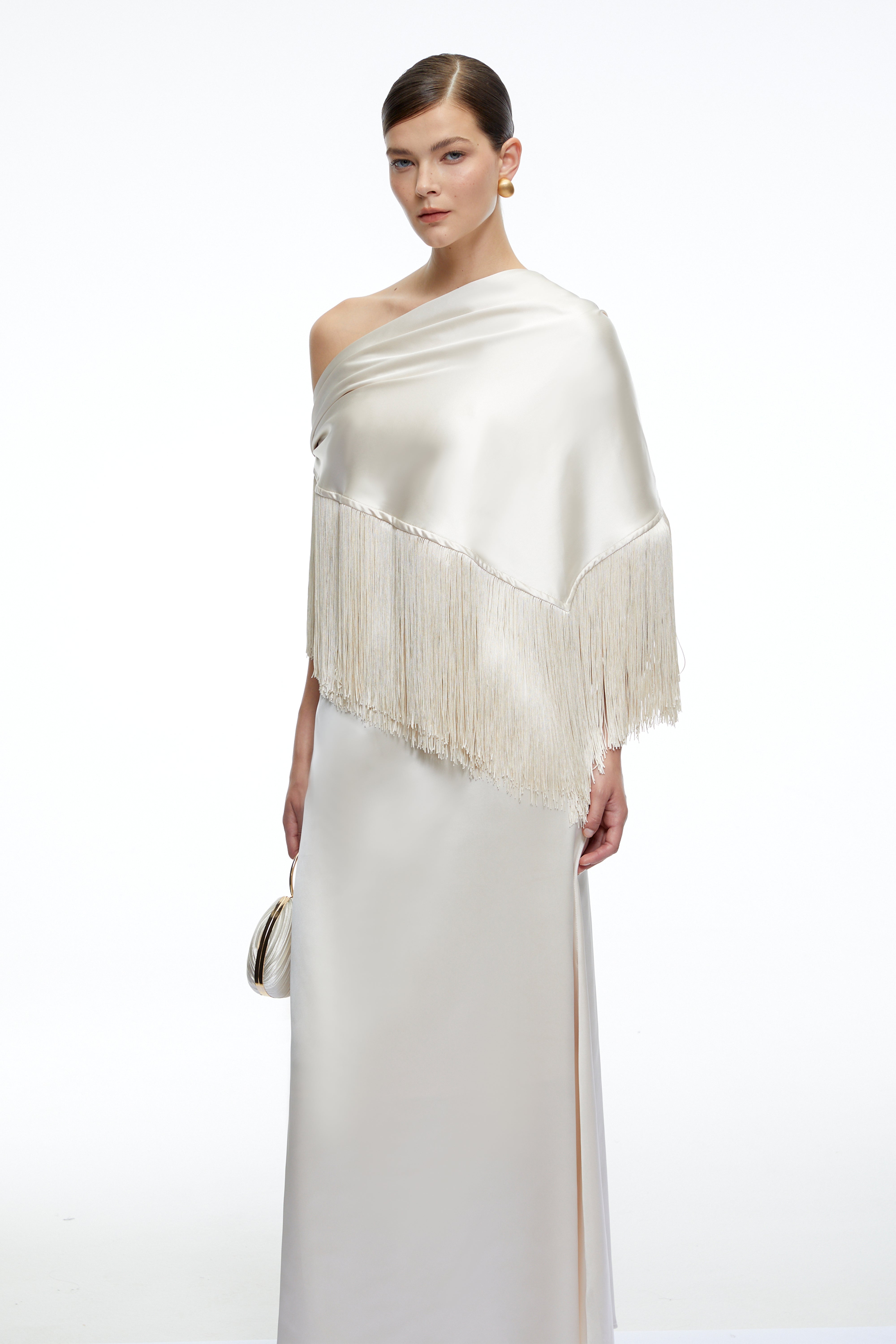 Carolina Neutral One Shoulder Satin Maxi Dress with Fringe