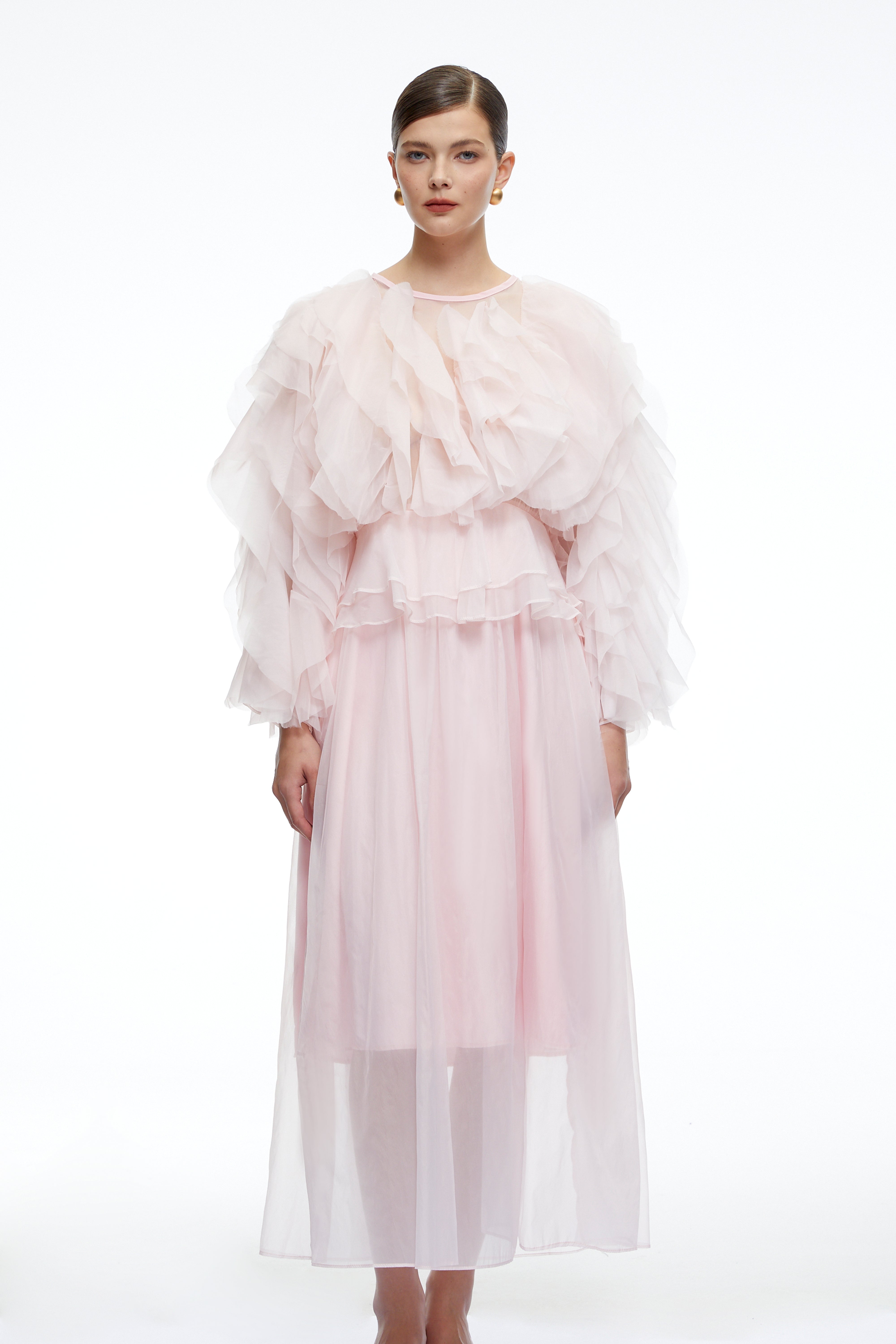 Carolyn Pink Long Sleeves Ruffled Maxi Dress