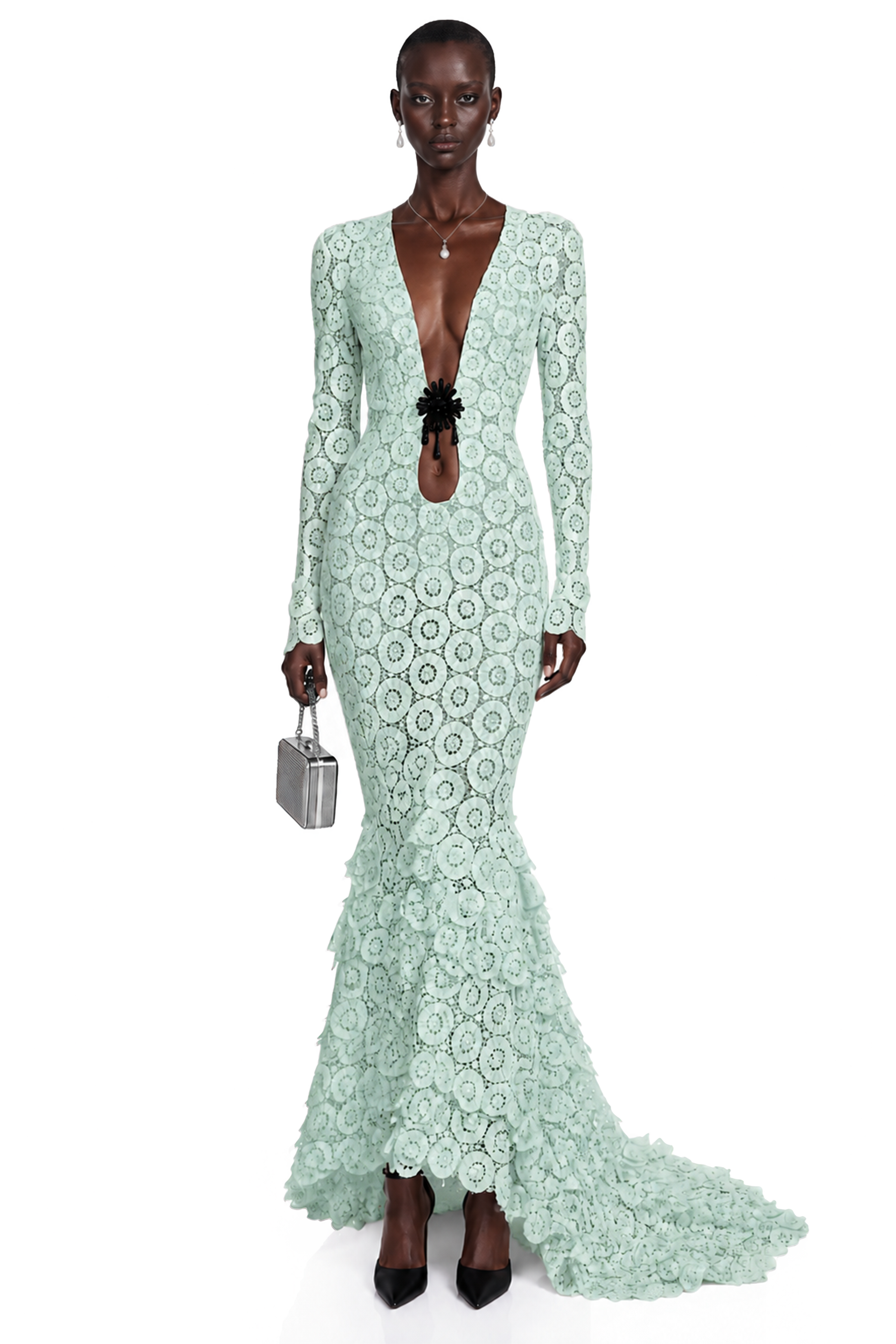 Cass Mint Green V-Neck Lace Bodycon Maxi Dress