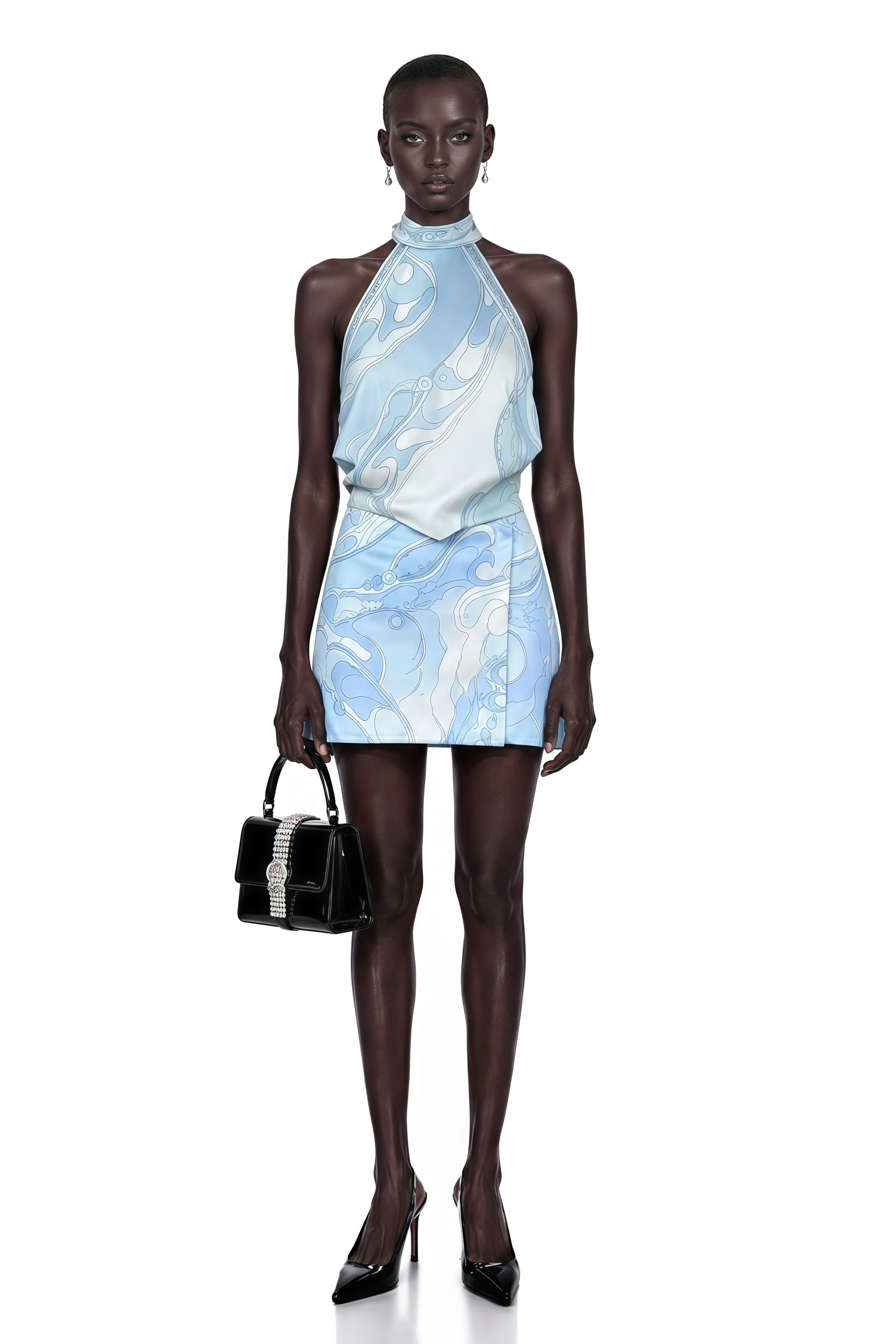 Cassia Blue Floral Halterneck Top & Skirt Set