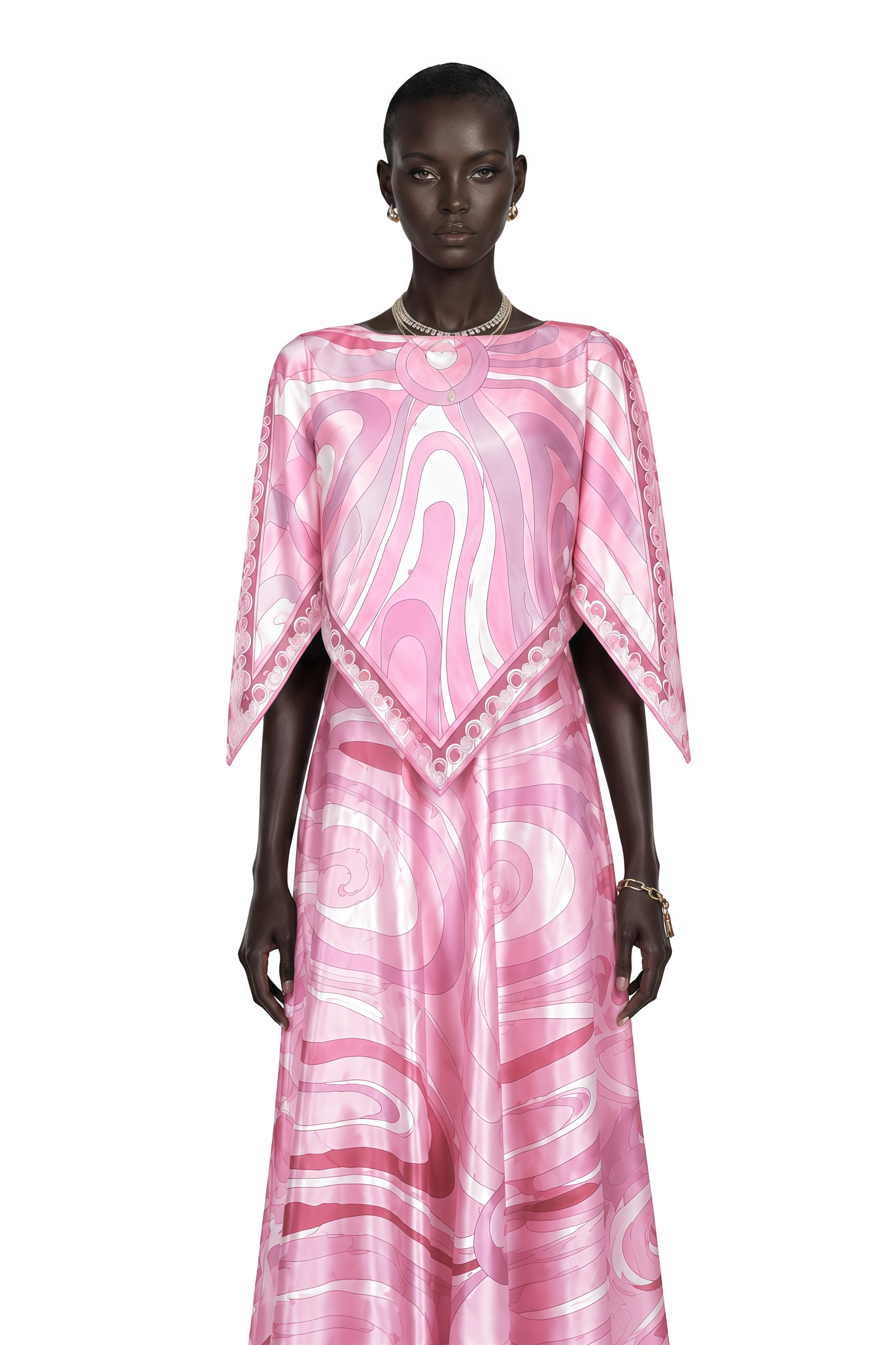 Cassia Pink Printed Cape Top & Maxi Skirt Set