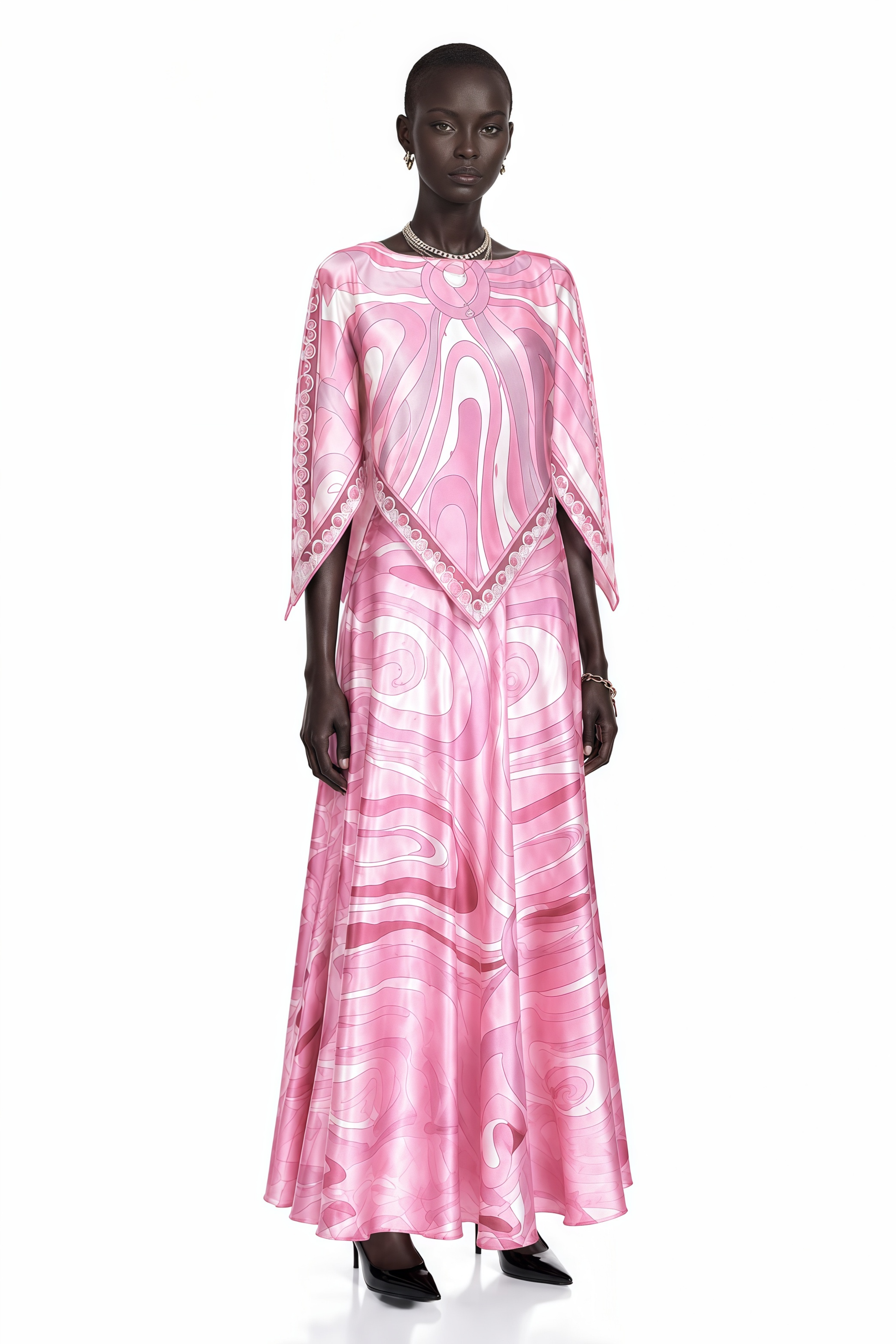 Cassia Pink Printed Cape Top & Maxi Skirt Set
