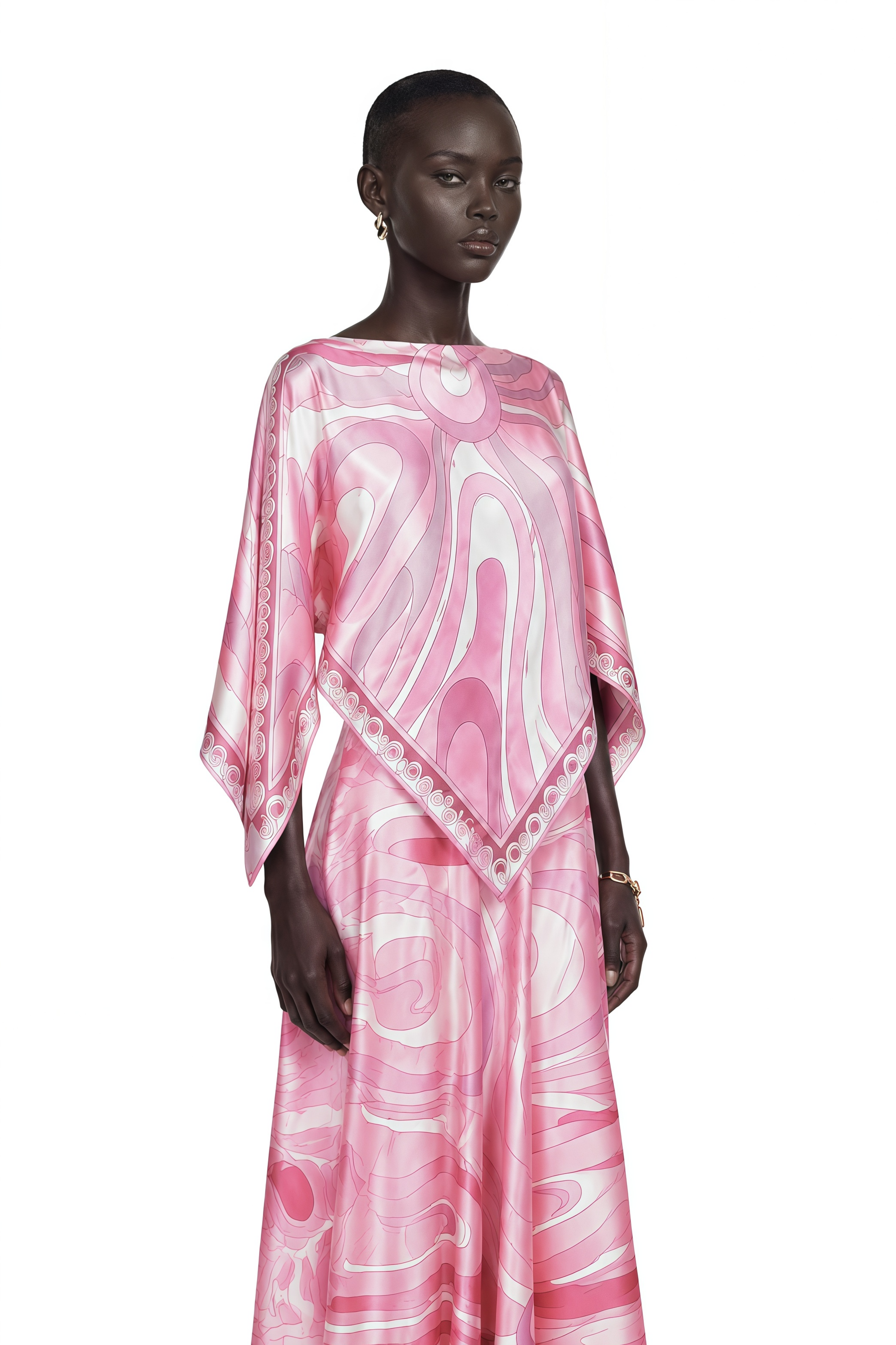 Cassia Pink Printed Cape Top & Maxi Skirt Set