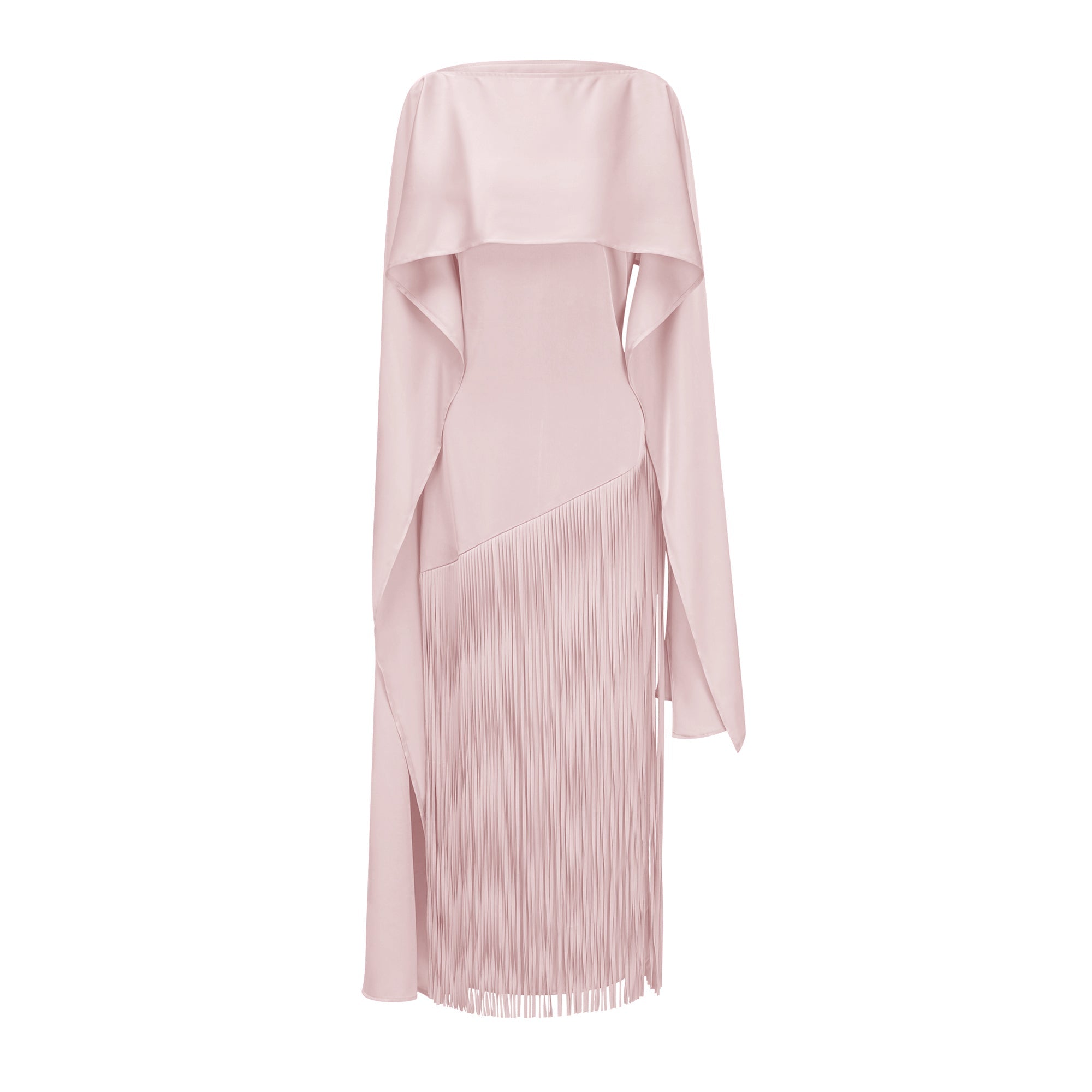 Light pink cape maxi dress with an asymmetrical waist and long fringe skirt