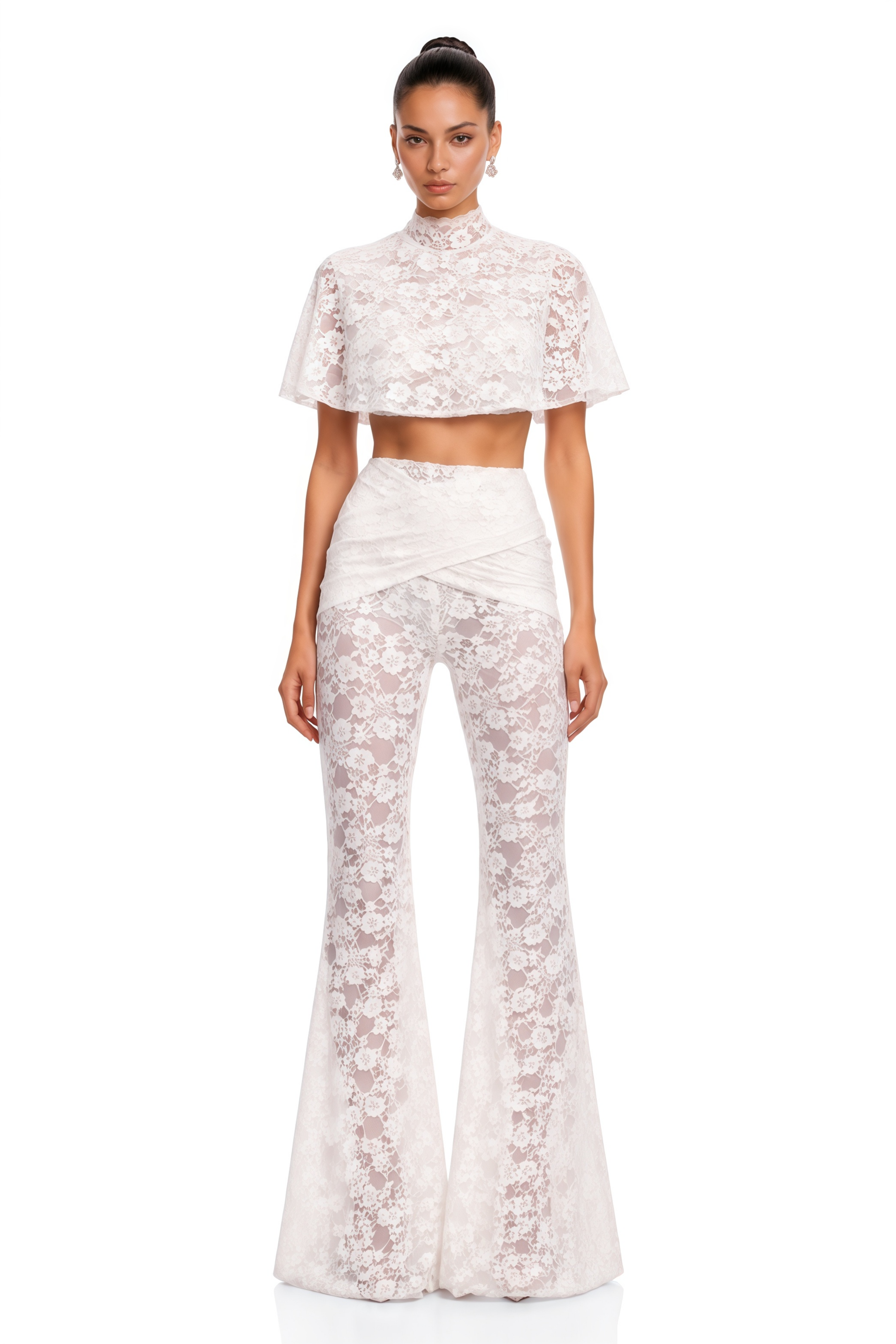 Cecily White Lace Cape Crop Top & Trousers Set