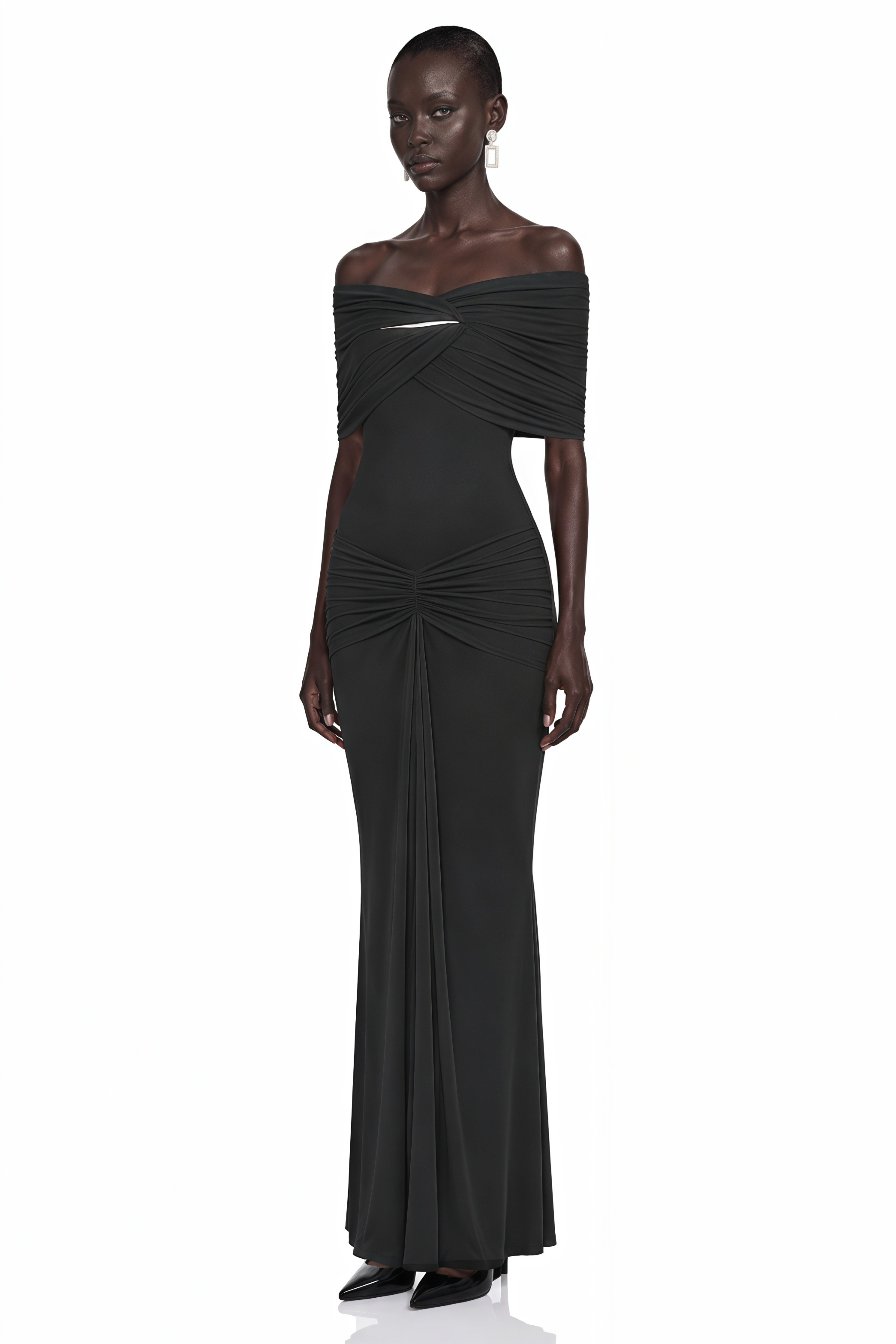 Celeste Black Off Shoulder Pleated Maxi Dress