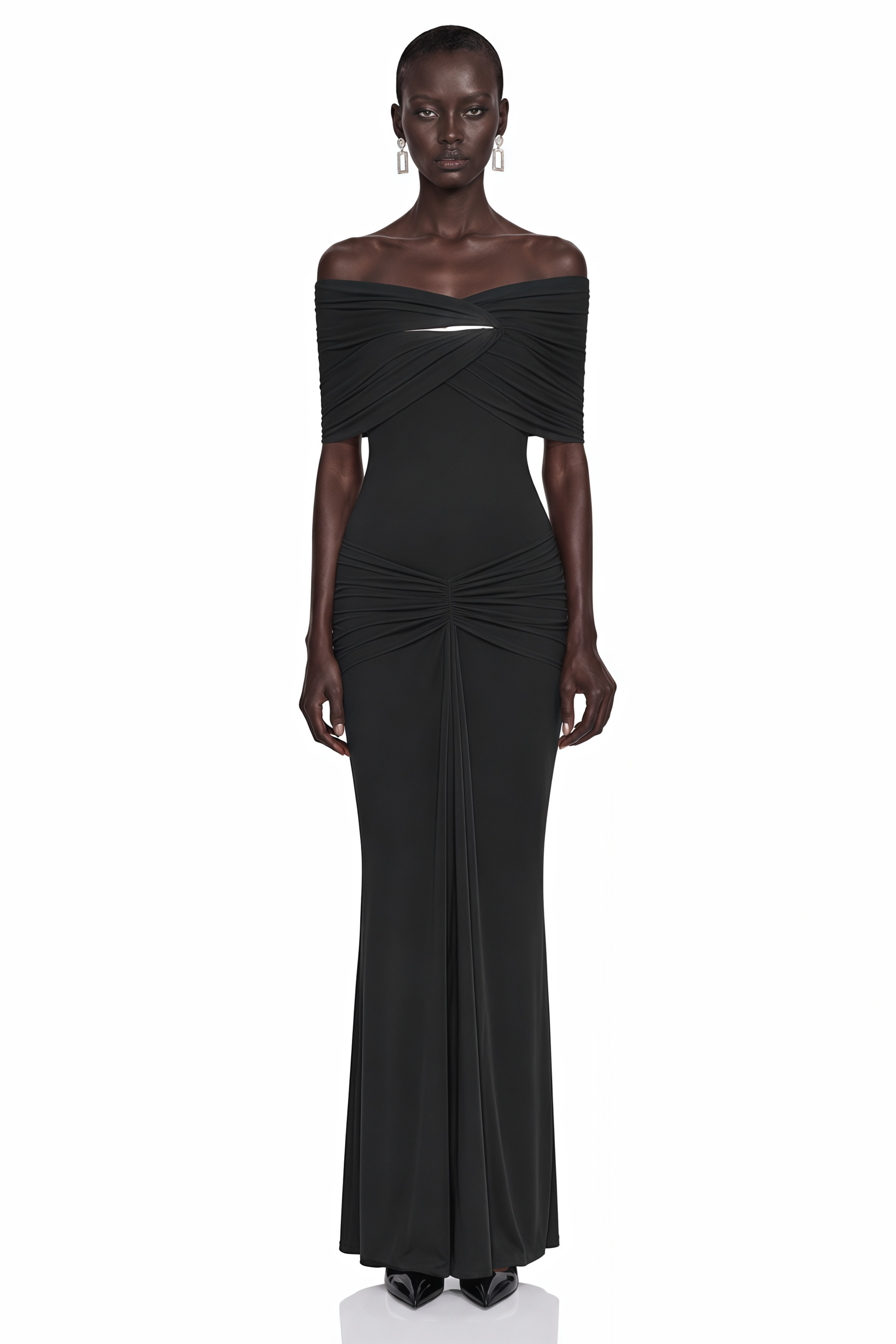 Celeste Black Off Shoulder Pleated Maxi Dress