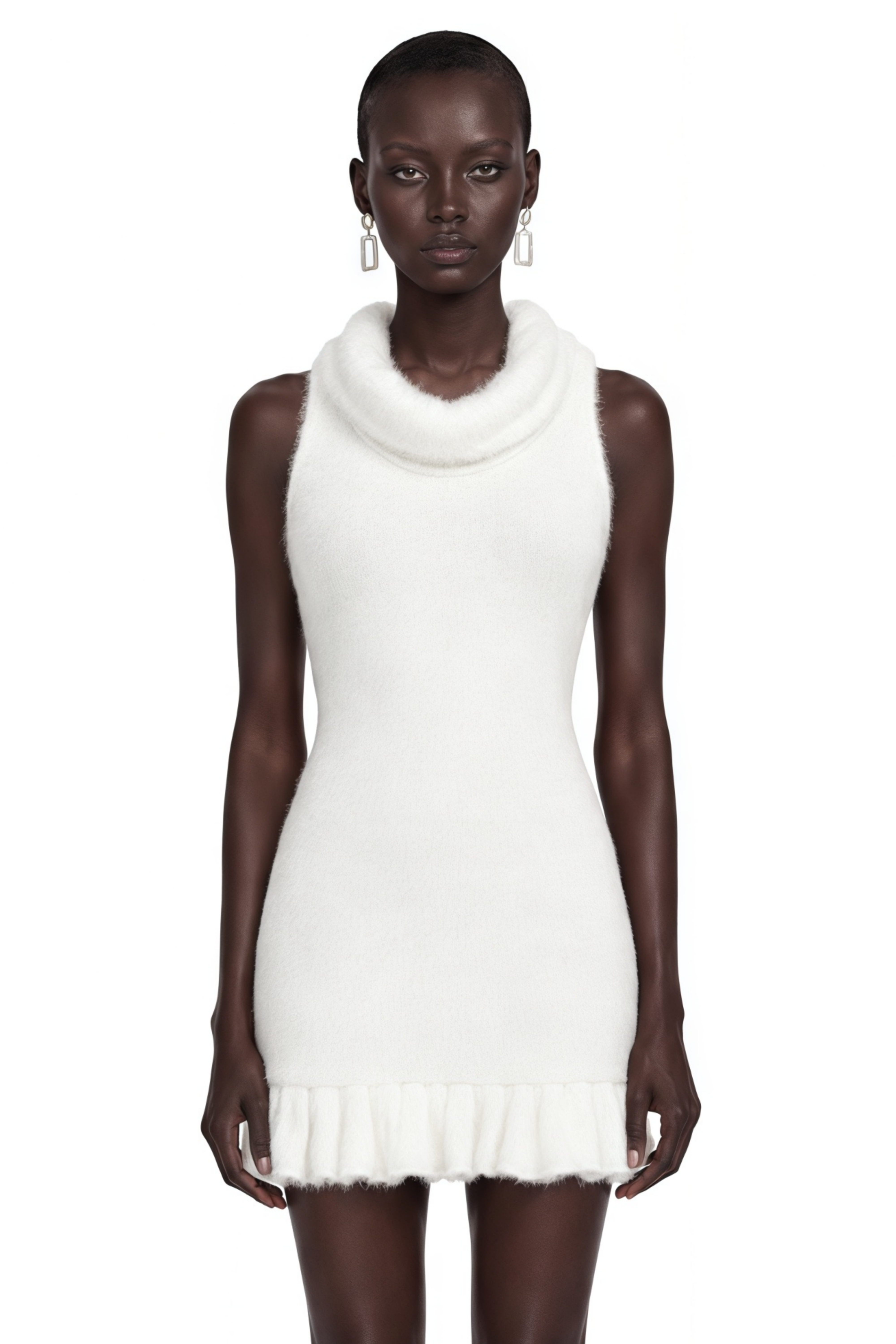 Mini-robe en maille duveteuse à col roulé Celeste White