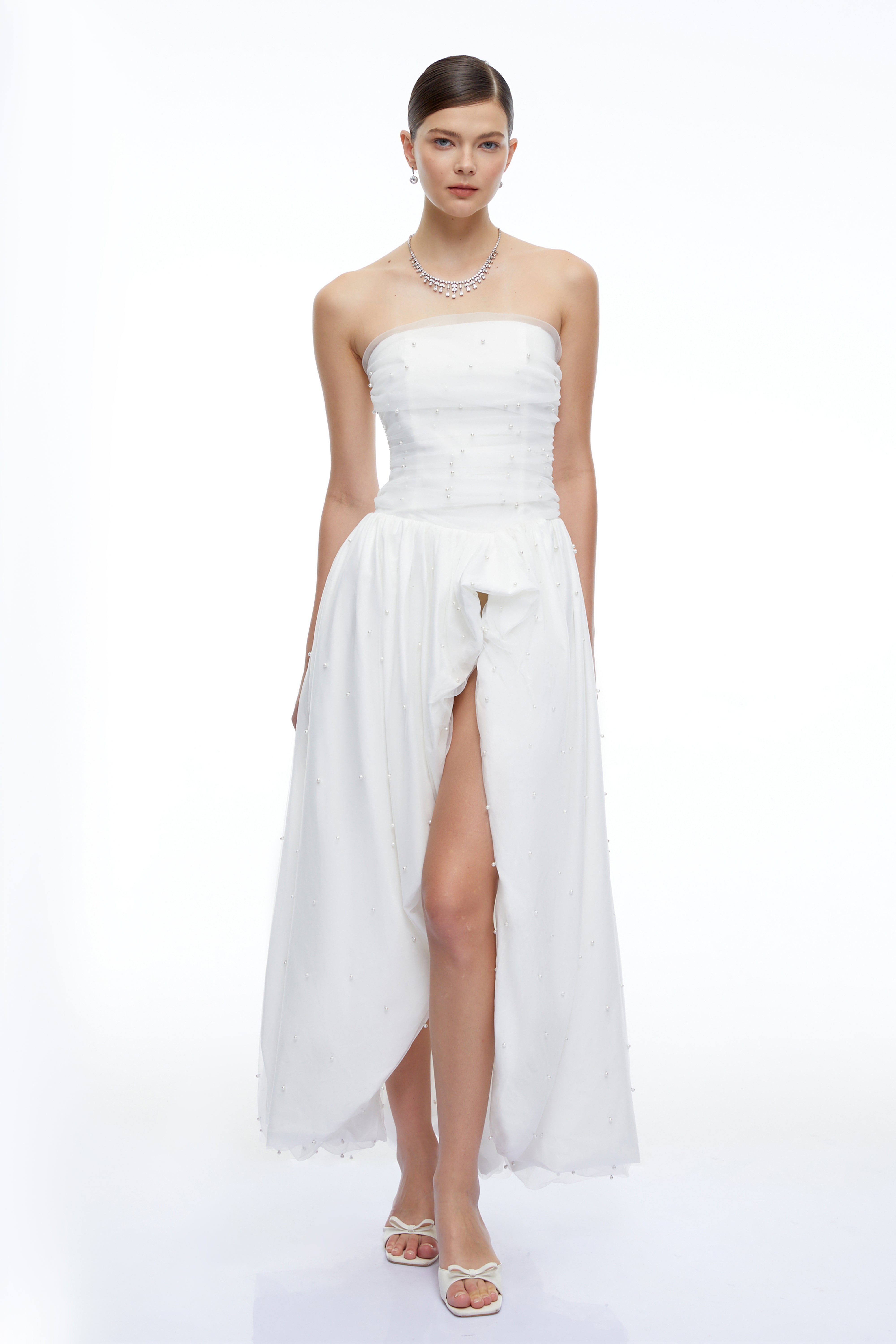 Celeste White Strapless Ruched Asymmetrical Maxi Dress