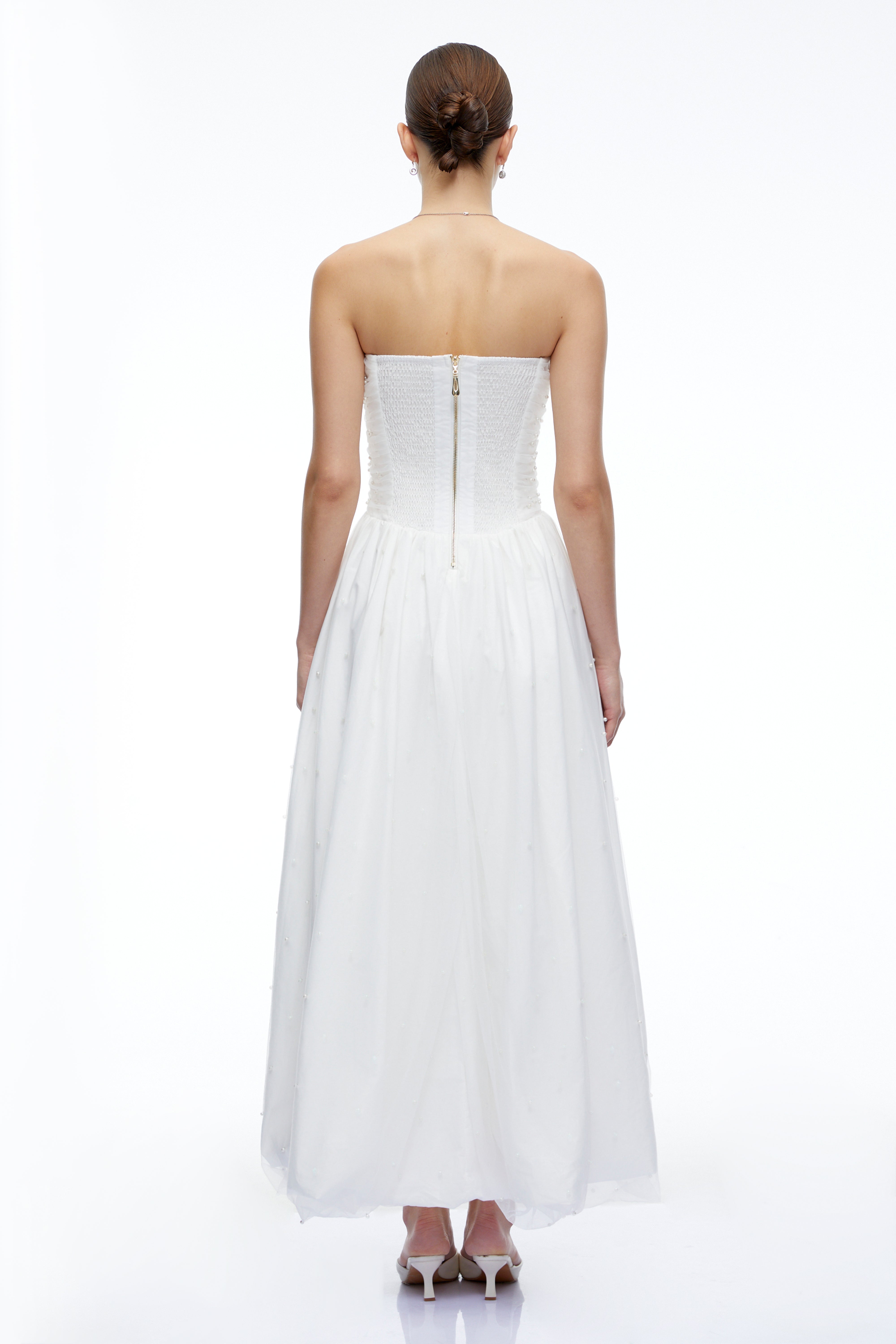 Celeste White Strapless Ruched Asymmetrical Maxi Dress