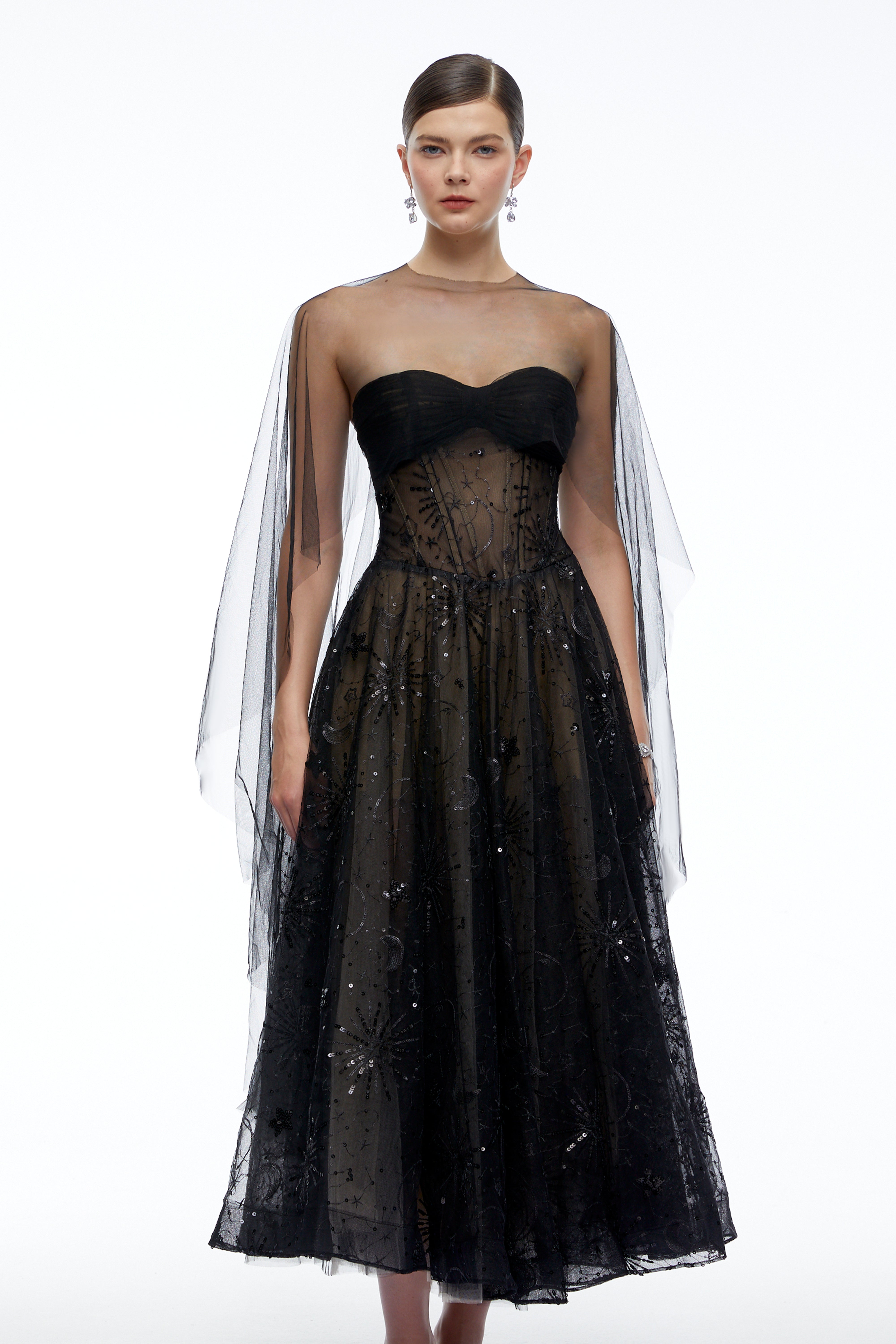 Celestine Black Strapless Corset Midi Dress with Shawl